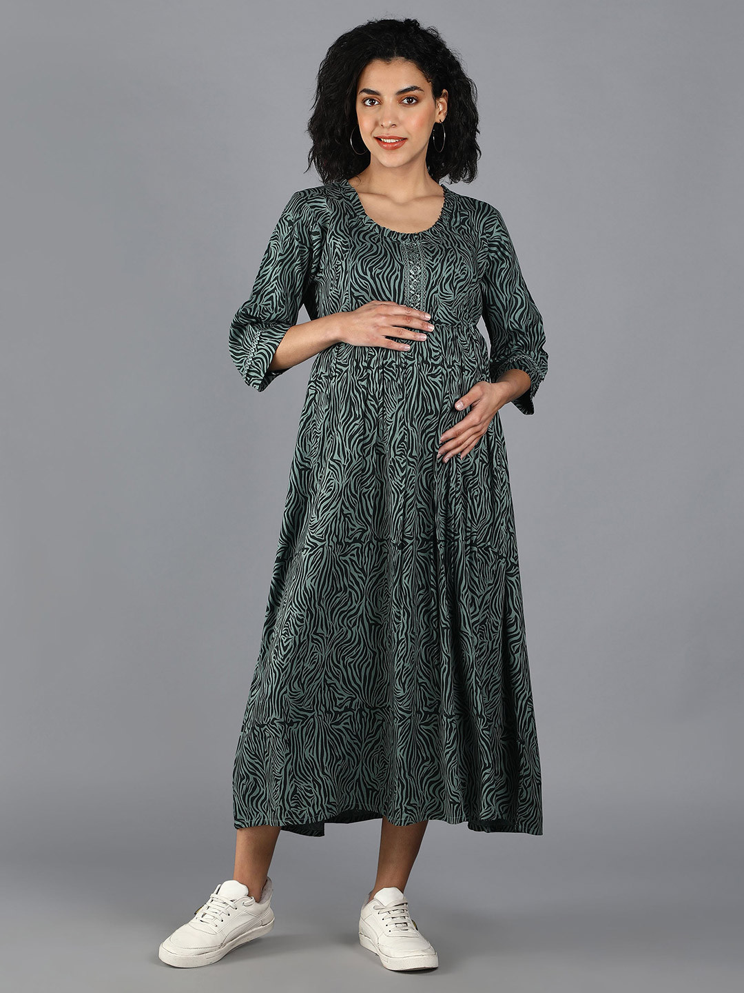 NIGHTSPREE Green Animal Maternity Empire Maxi Dress
