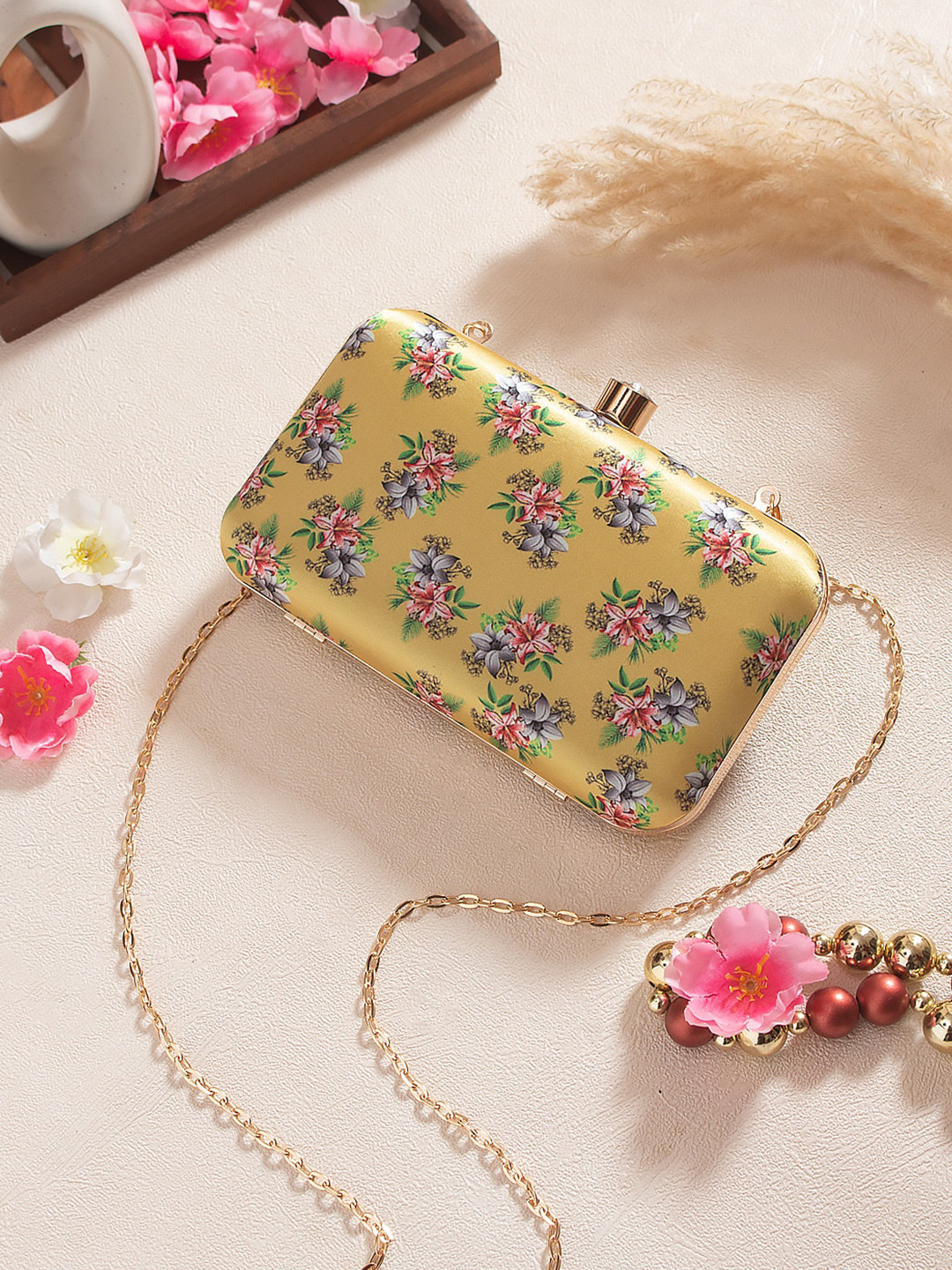 Swisni Cream-Coloured & Pink Printed Box Clutch