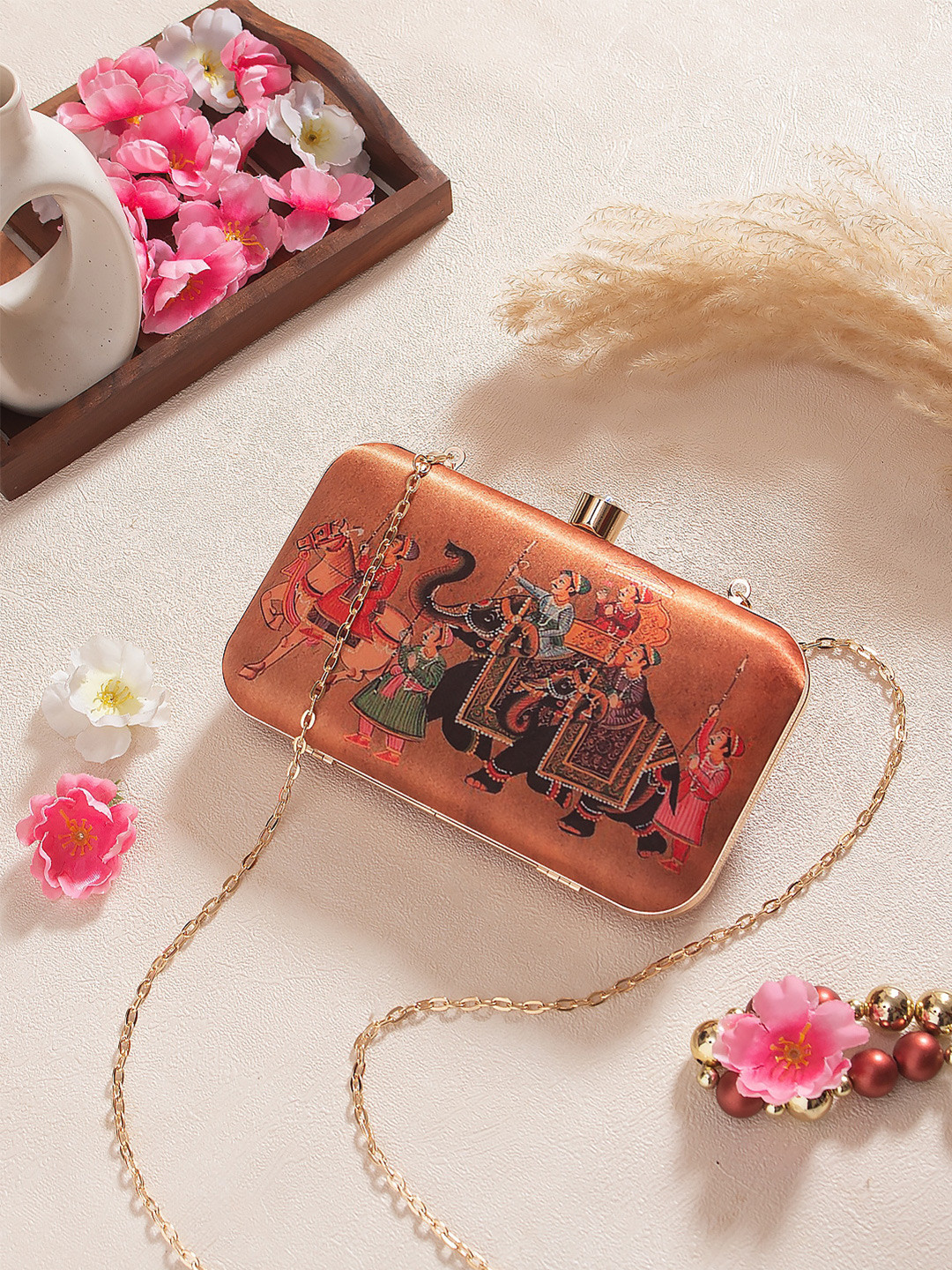 Swisni Brown & Red Printed Box Clutch