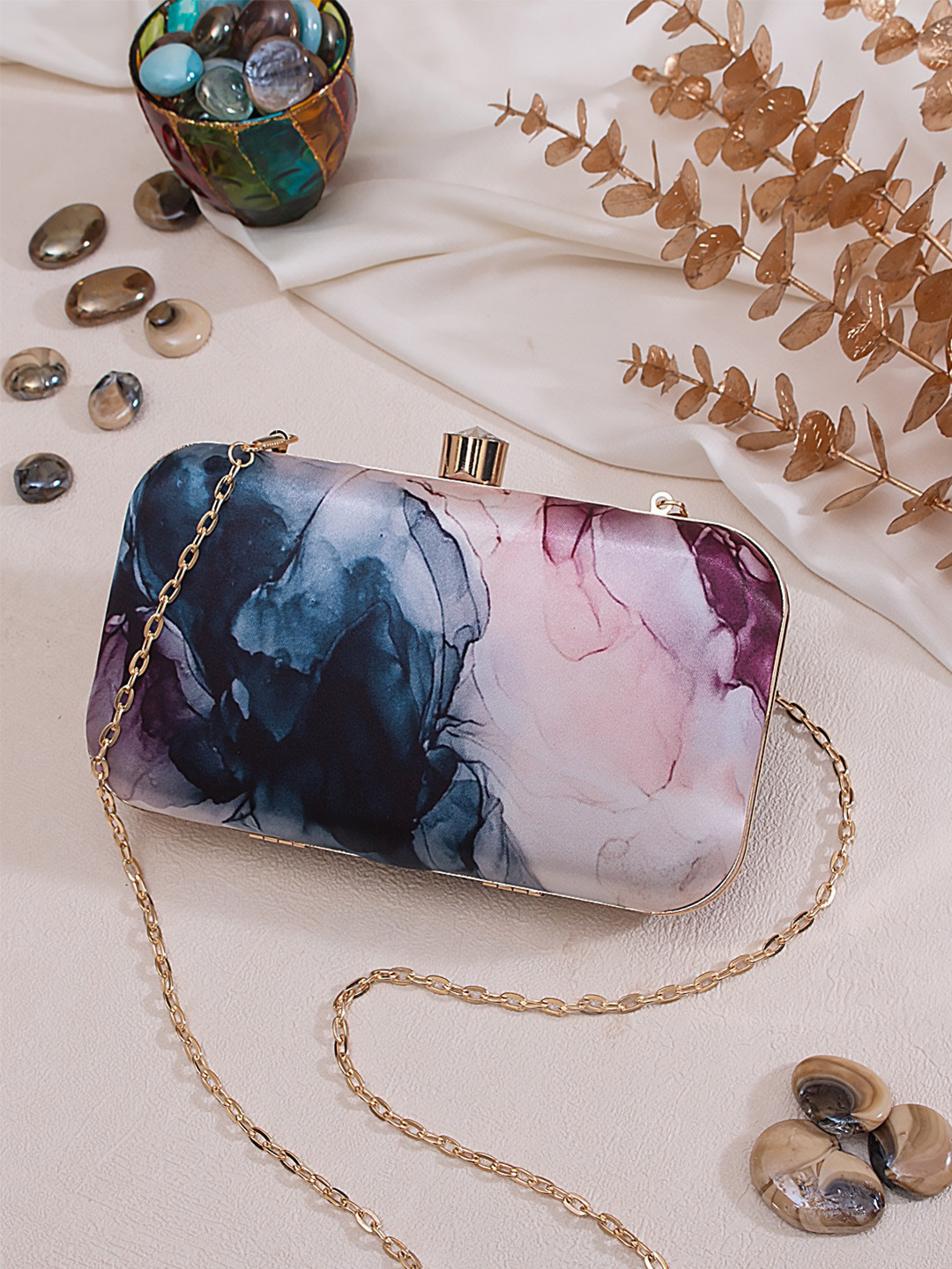 Swisni Blue & Cream-Coloured Printed Box Clutch