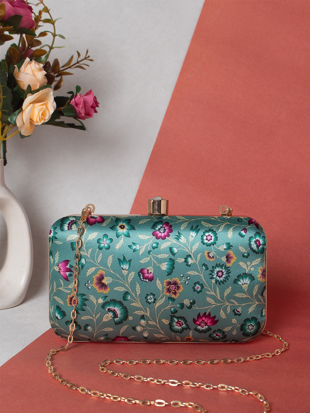 Swisni Green & Violet Printed Box Clutch