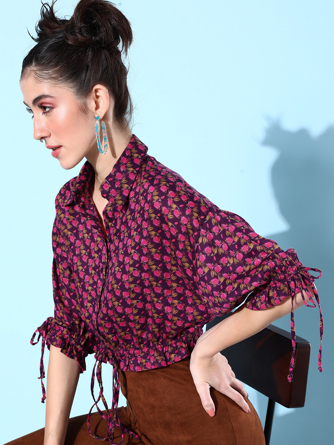 QUIERO Women Purple & Pink Floral Print Shirt Style Crop Top