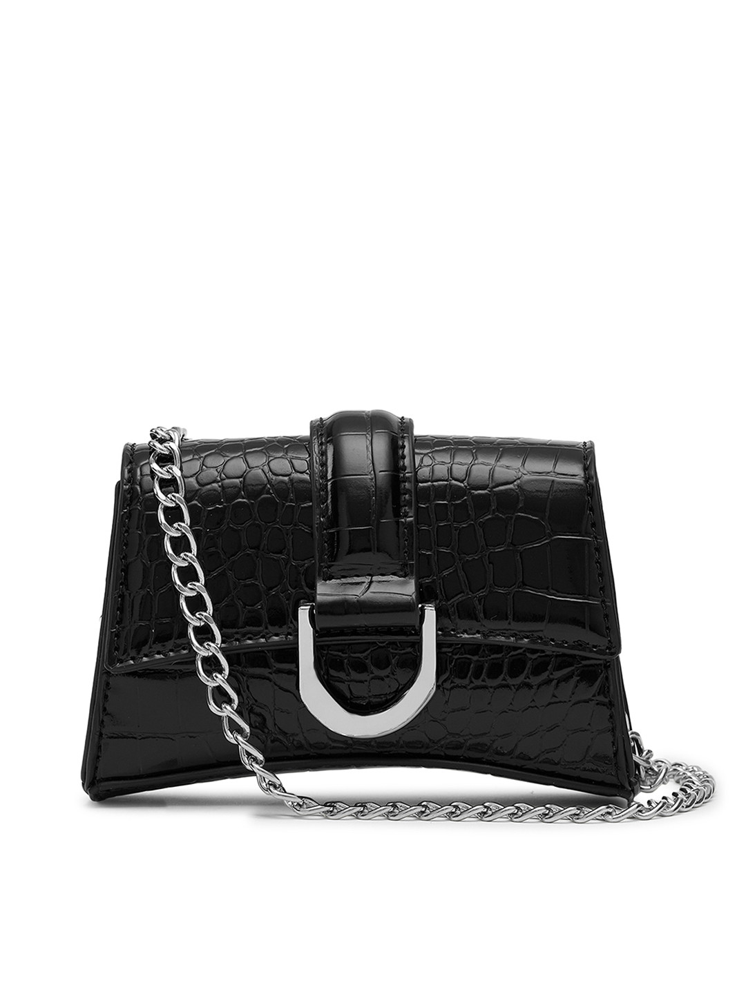 MIRAGGIO Stormy Black Textured Crossbody Bag With Chain Strap