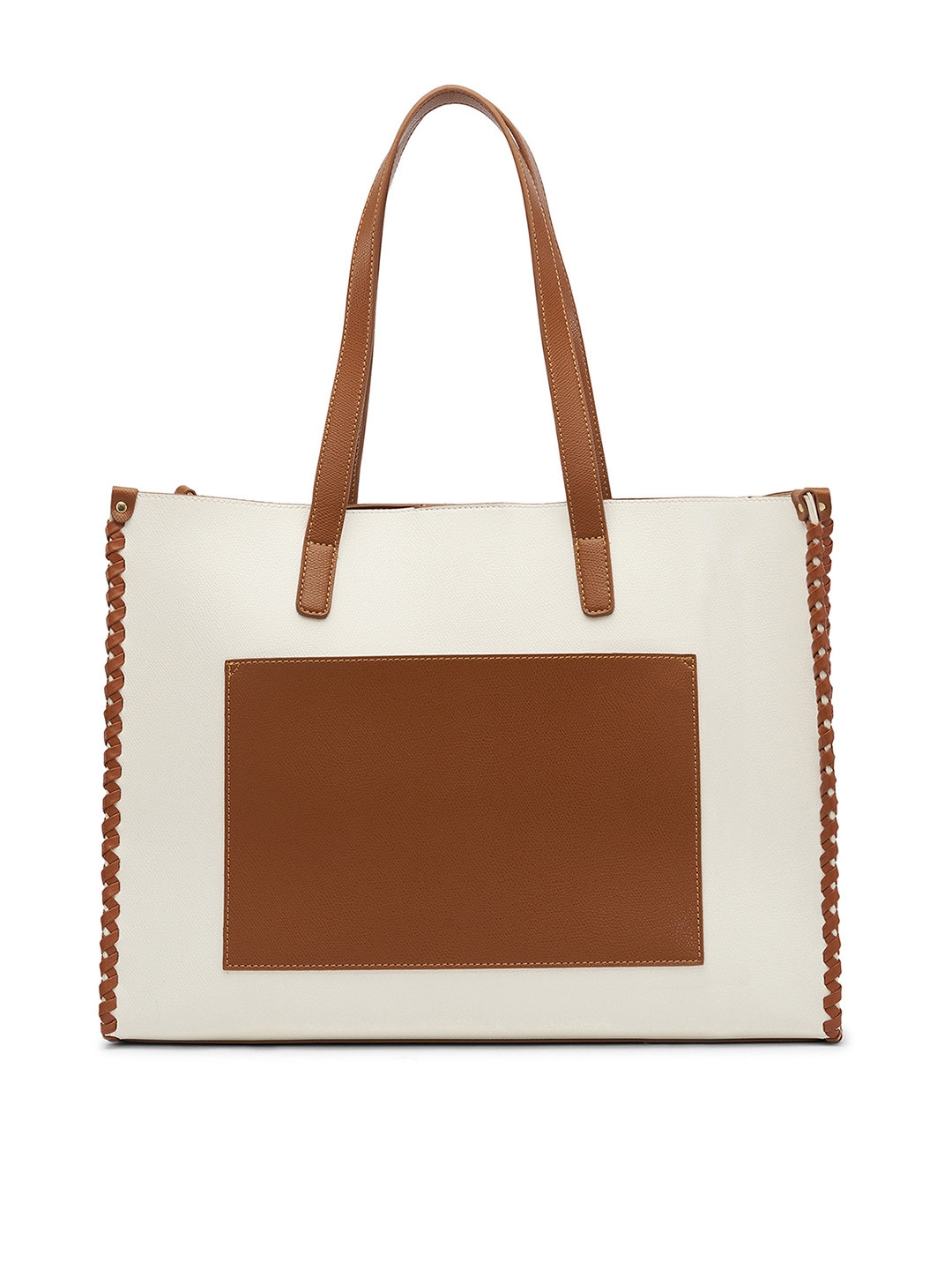 MIRAGGIO White & Brown Large Tote Bag With Front Pocket & Weave Detailing - Handbags for Women 20938224 | Myntra