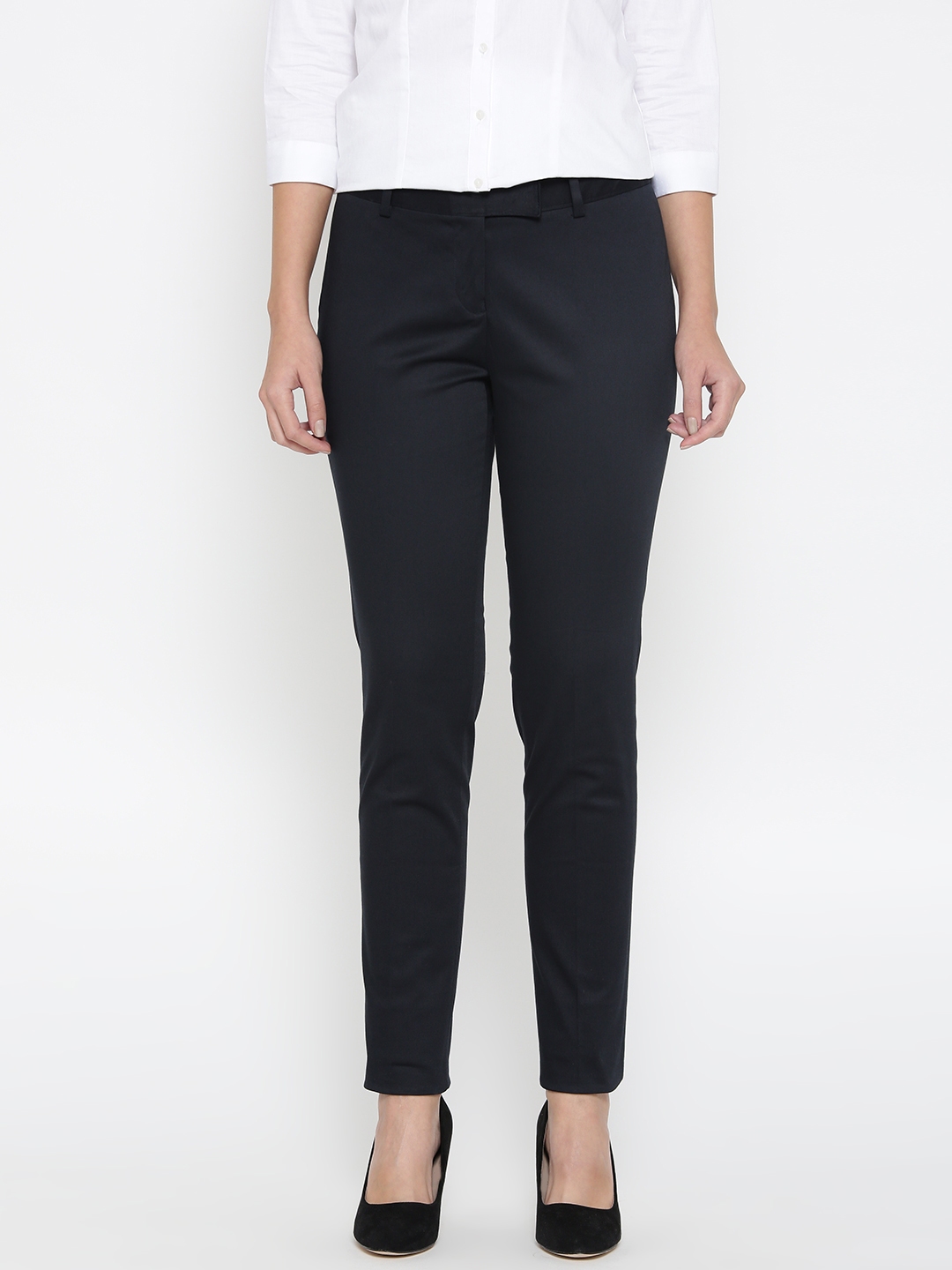 Buy Wills Lifestyle Women Navy Blue Slim Fit Solid Formal Trousers   Trousers for Women 2093916  Myntra