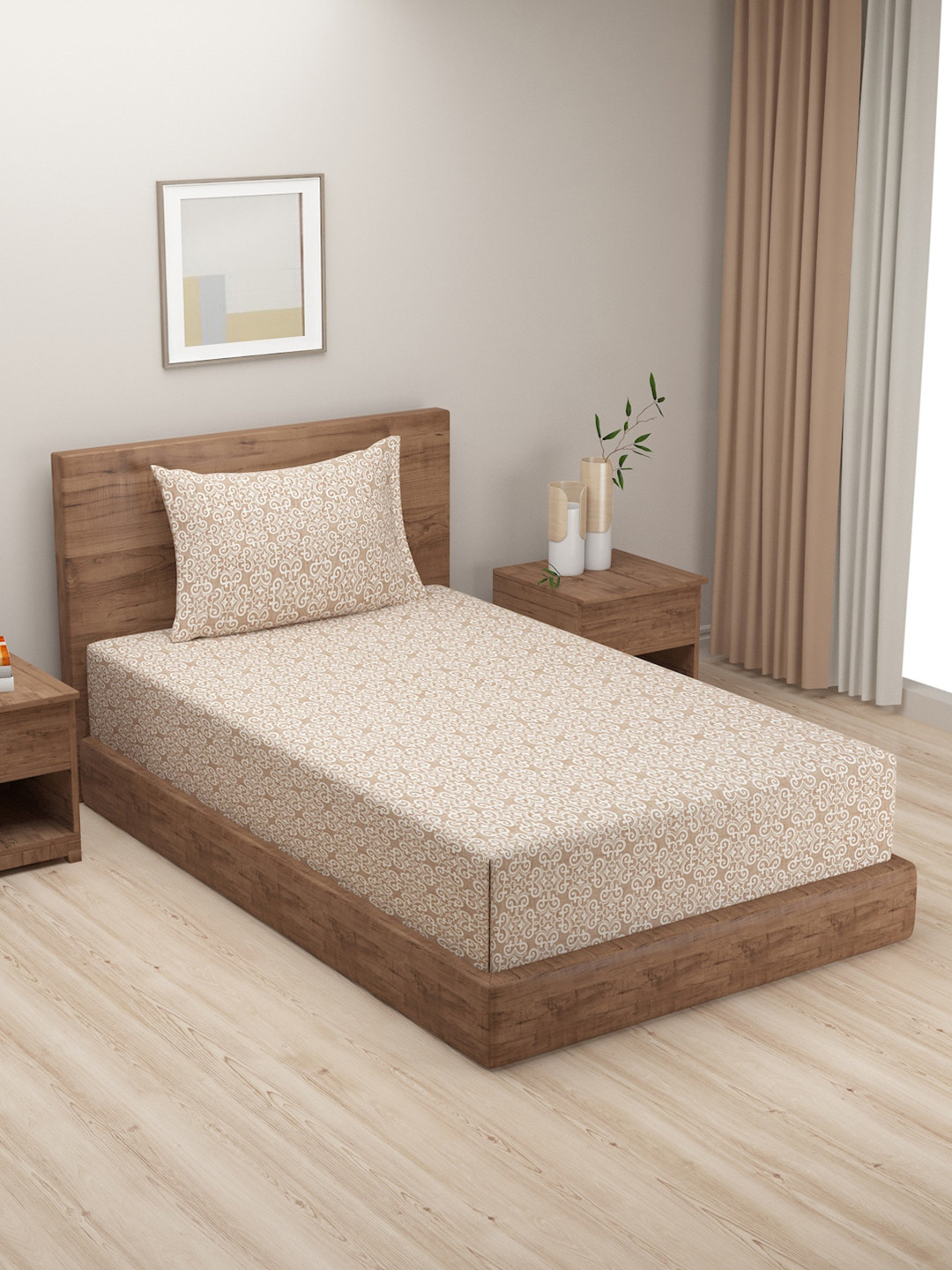 SWAYAM Ananda Beige Ethnic Motifs Cotton 240 TC Single Fine Bedsheet with a Pillow Cover-90 x 60 inches