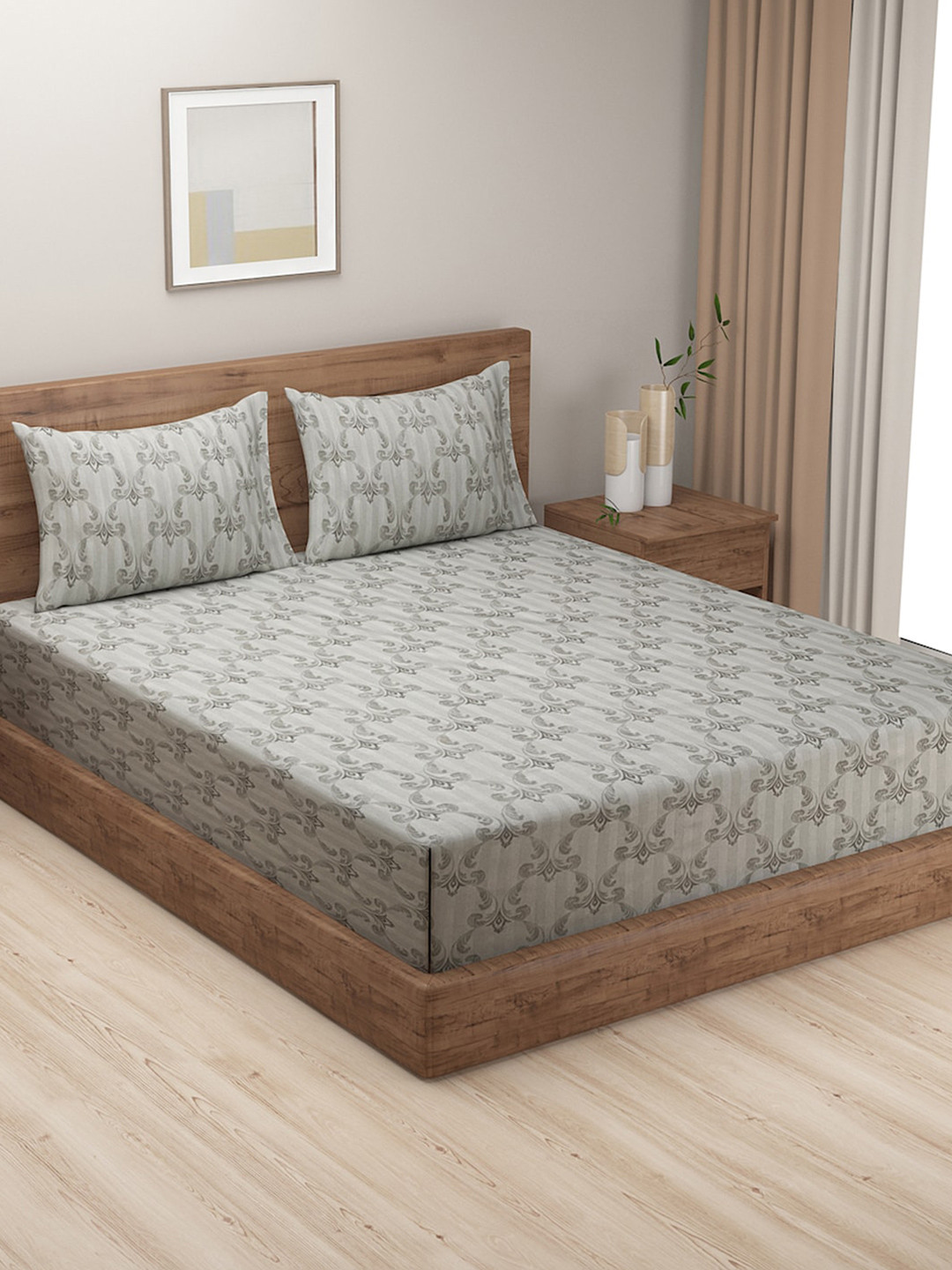 SWAYAM Zinnia Grey Ethnic Motifs Cotton 240 TC Queen Fine Bedsheet with 2 Pillow Covers-78 x 72 inches