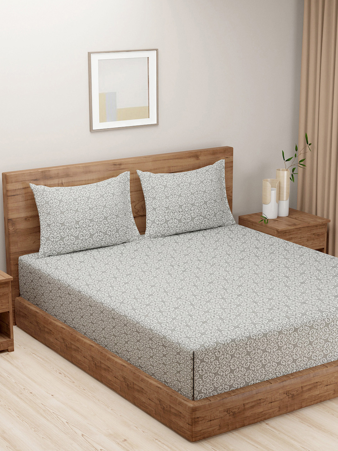 SWAYAM Ananda Grey Ethnic Motifs Pure Cotton 210 TC Queen Fine Bedsheet with 2 Pillow Covers-78 x 72 inches