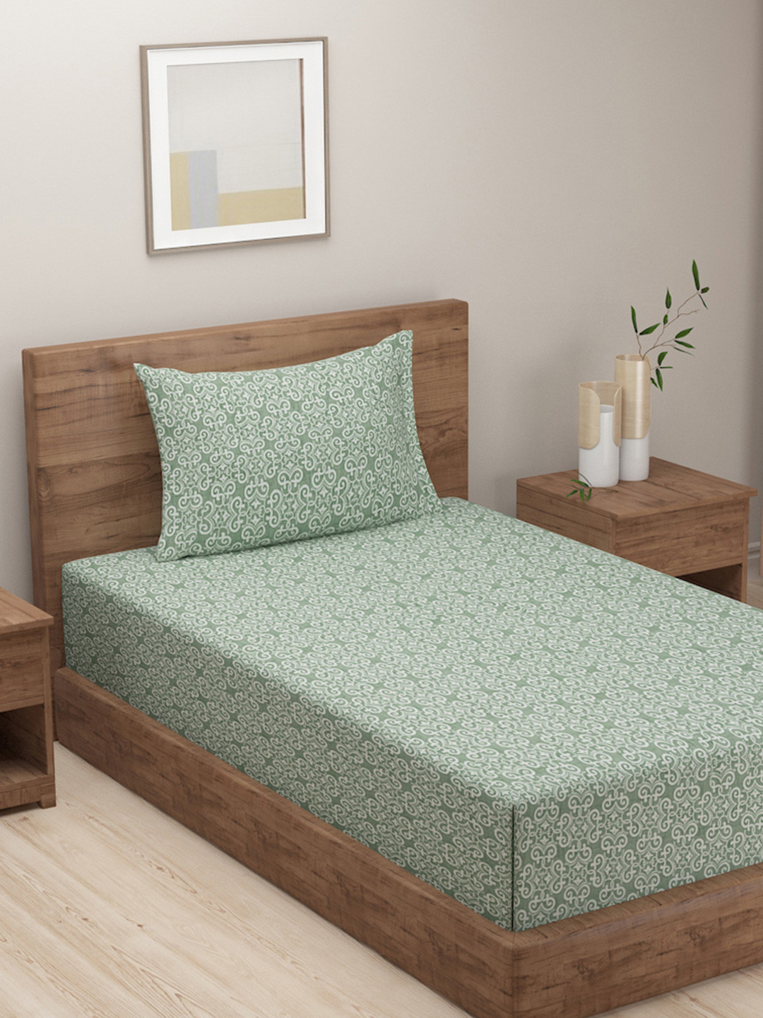 SWAYAM Amaze Green Ethnic Motifs Pure Cotton 210 TC Single Fine Bedsheet with 2 Pillow Covers-228 x 152 cm