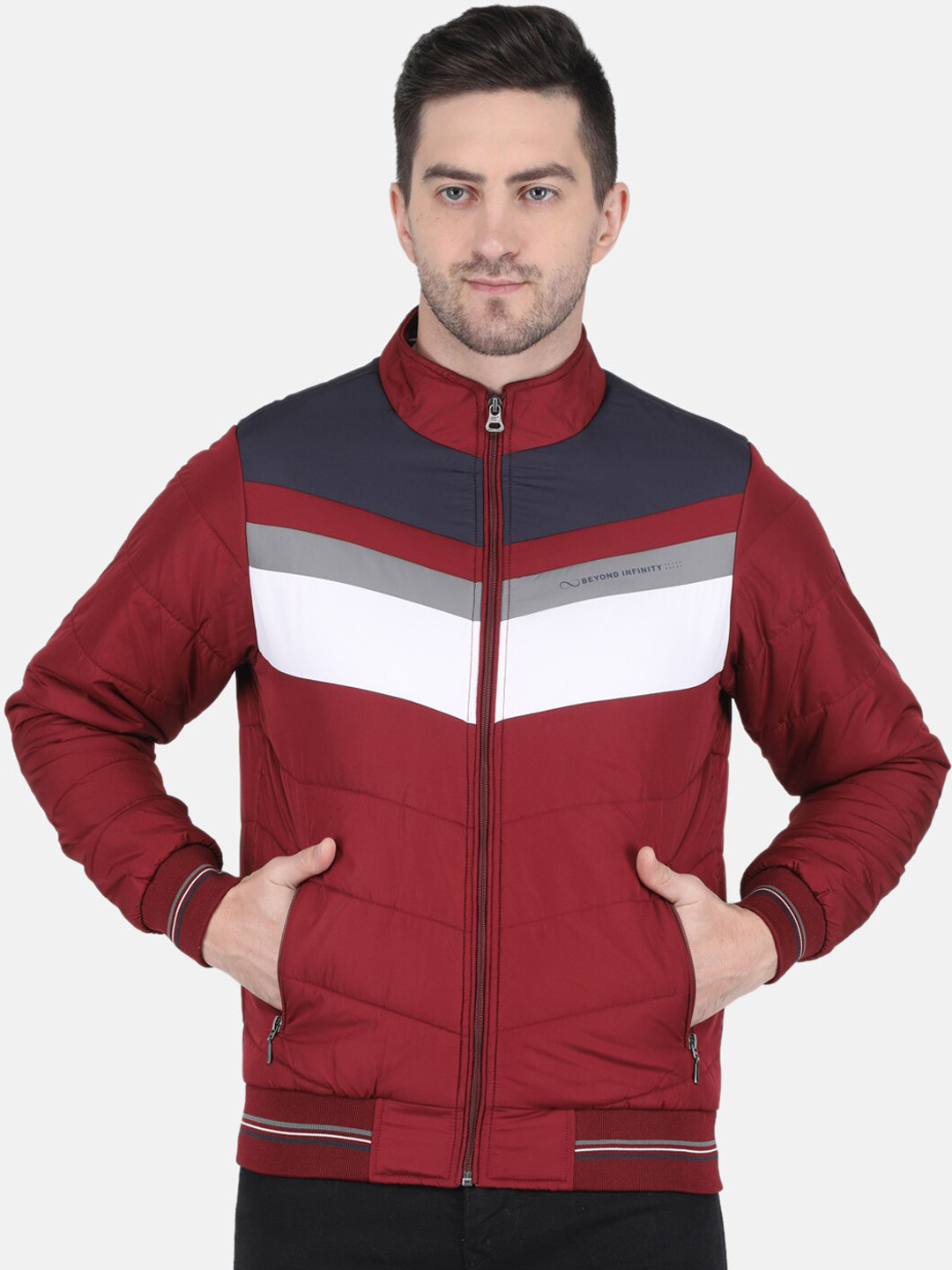 Monte Carlo Men Maroon & Navy Blue Colourblocked Bomber Jacket