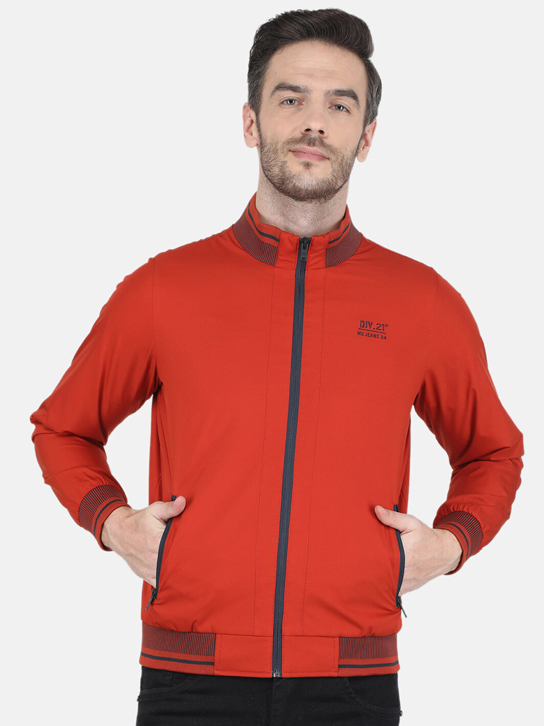 Monte Carlo Men Orange Solid Long Sleeves Bomber Jacket