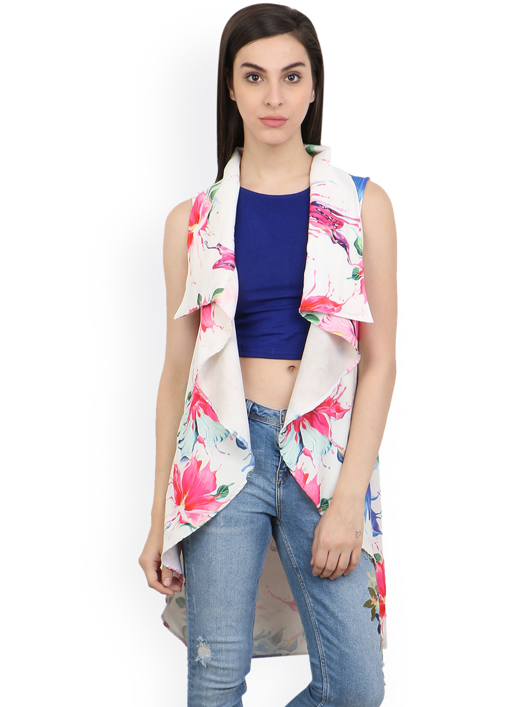 Cation White Floral Print Longline Open Front Shrug