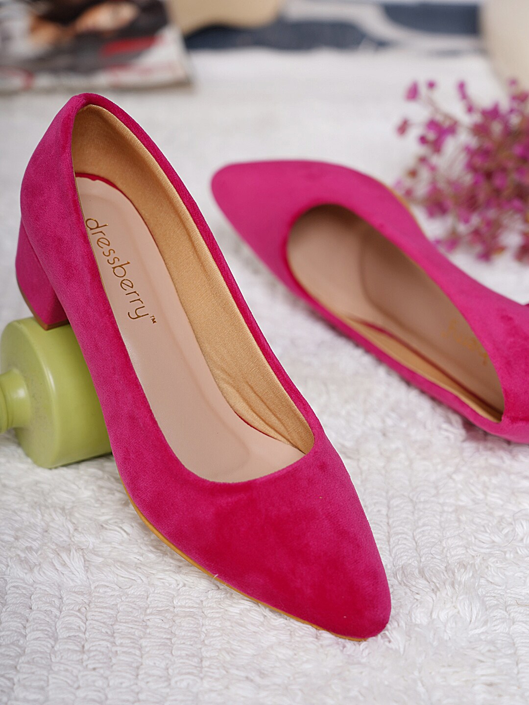 DressBerry Pink Velvet Block Pump Heels