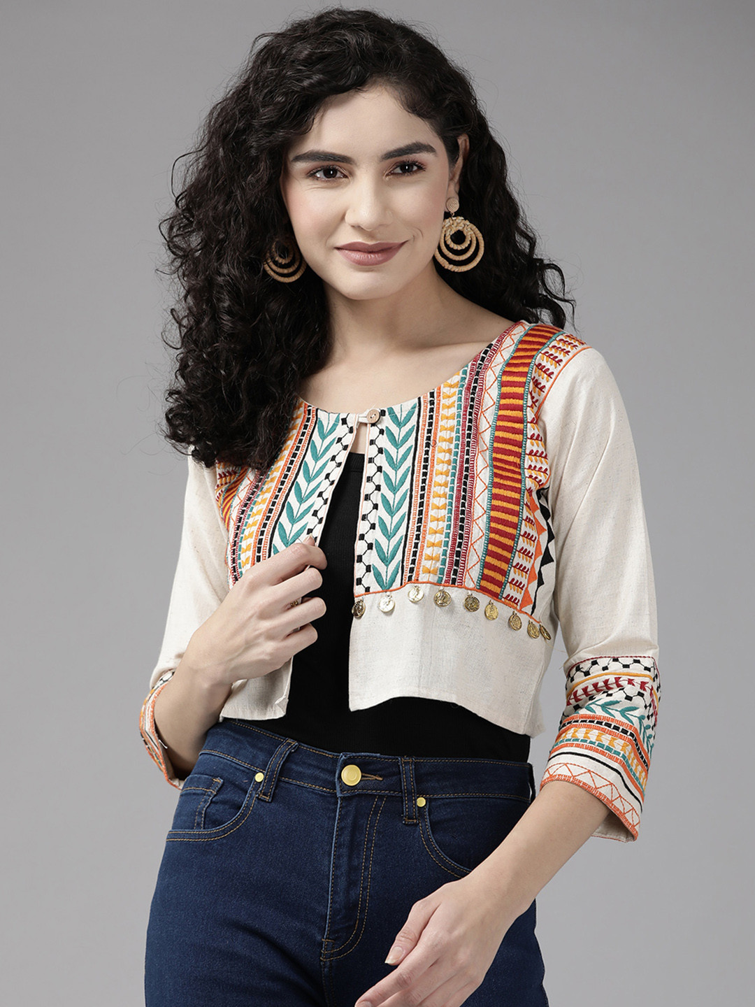 Aarika Women Cream-Coloured Embroidered Crop Tailored Jacket