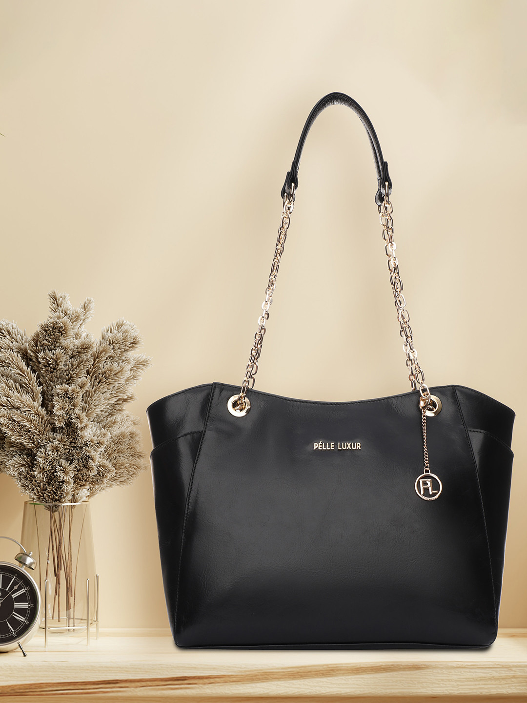 PELLE LUXUR Women Black Leather Structured Shoulder Bag