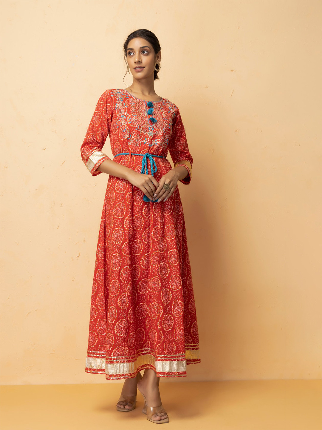 Geroo Jaipur Handcrafted Gota Patti Bandhani Dress