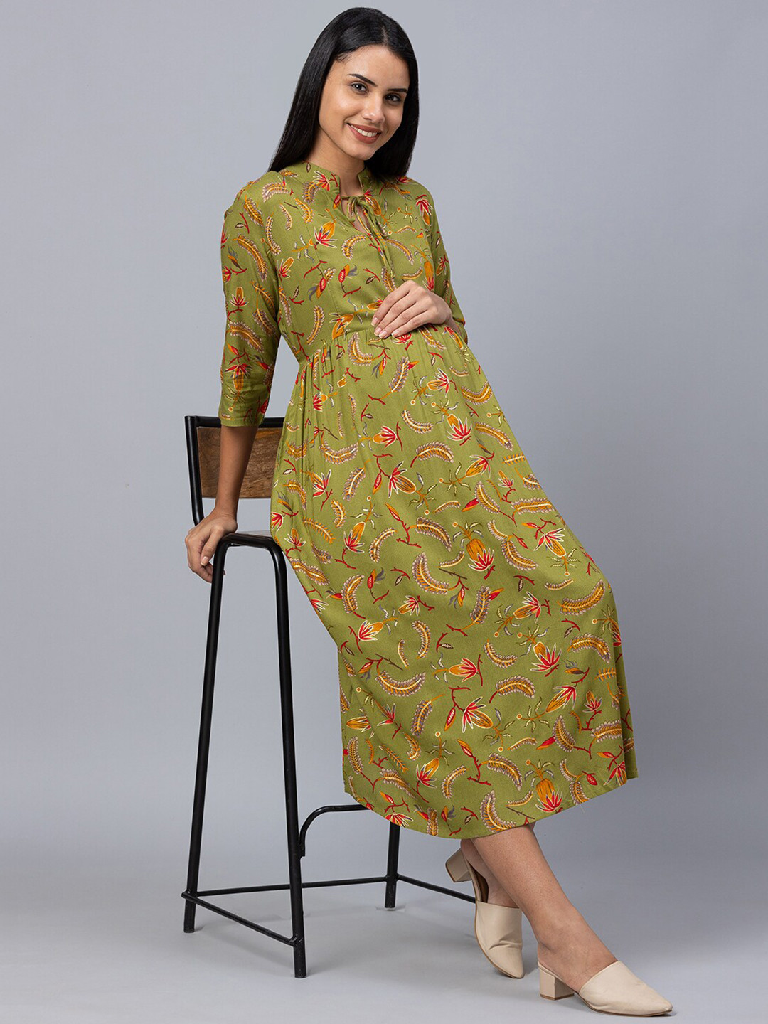 AV2 Olive Green Floral Maternity A-Line Midi Dress