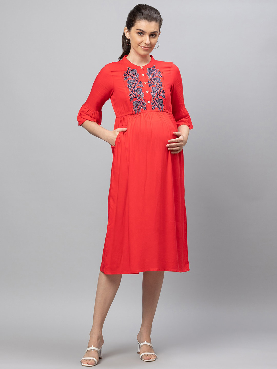 AV2 Red embroidered detail Maternity Midi Dress