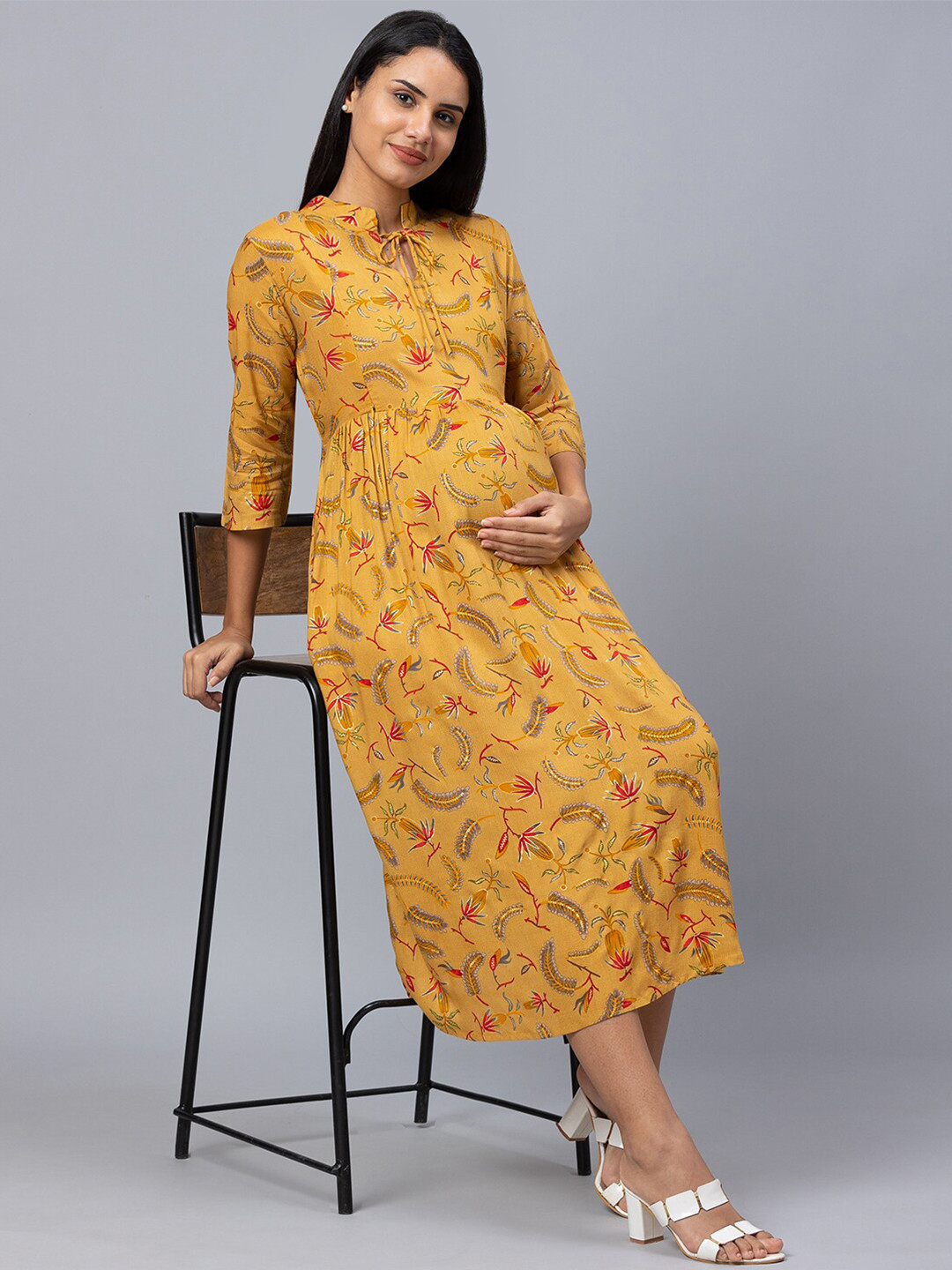AV2 Mustard Yellow Floral Maternity A-Line Midi Dress