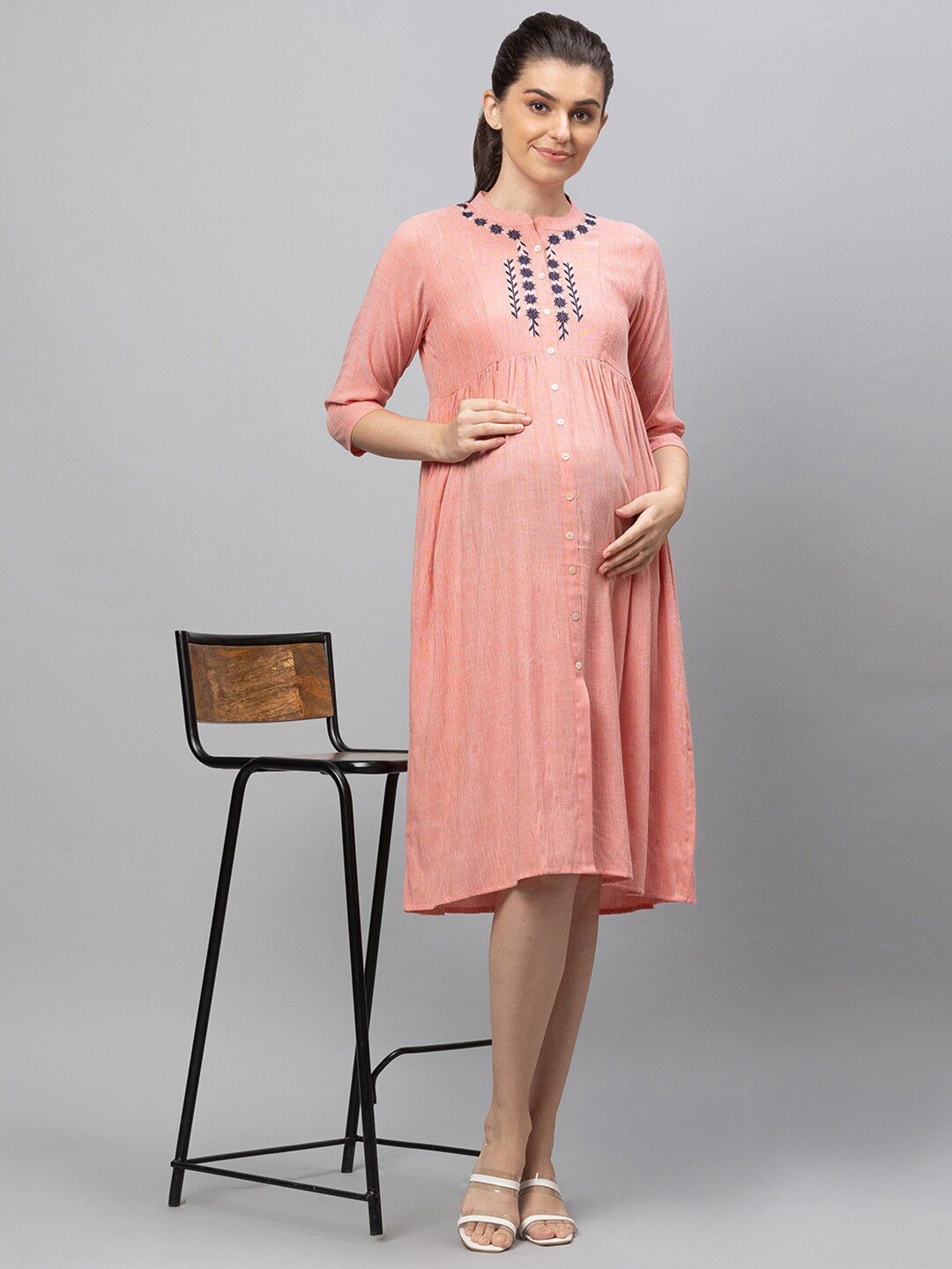 AV2 Peach Embroidered Maternity A-Line Dress