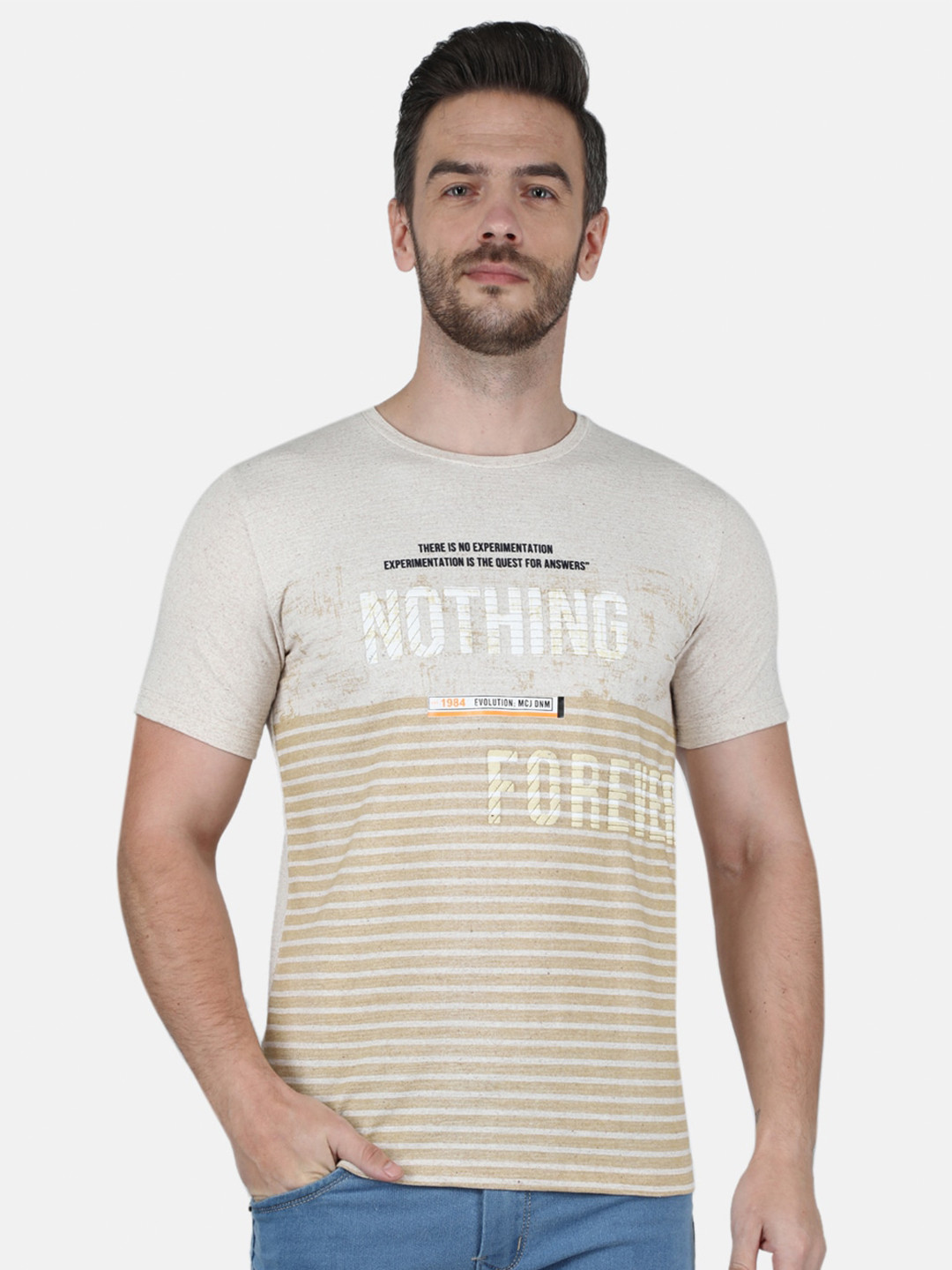 Monte Carlo Men Beige Cotton Striped T-shirt