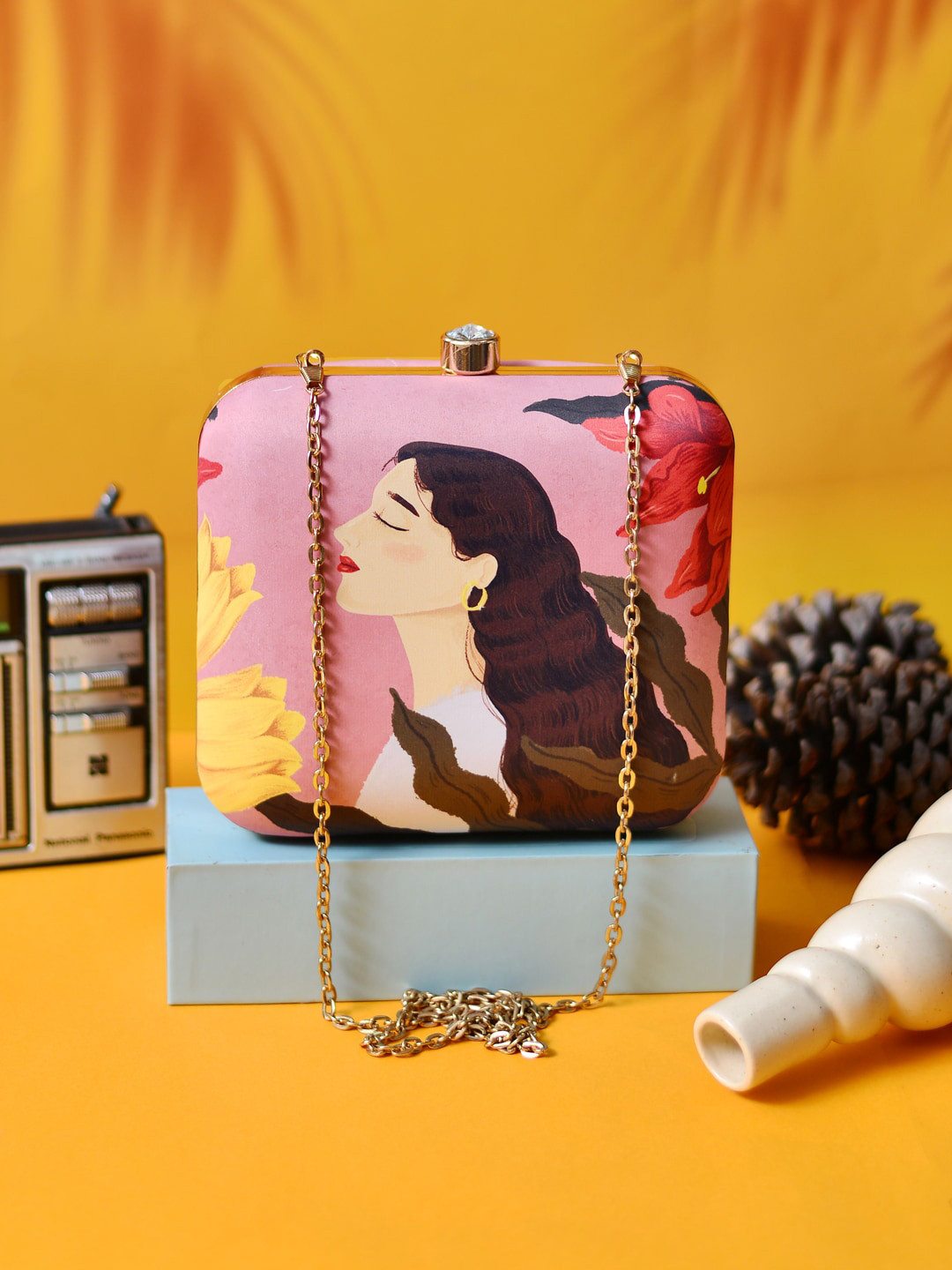 ARTKLIM Pink & Olive Green Printed Box Clutch