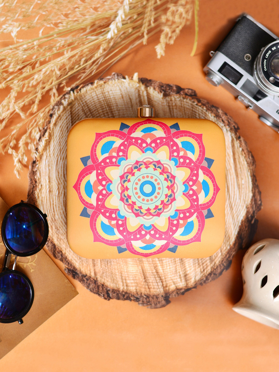 ARTKLIM Yellow & Pink Mandala Printed Box Clutch