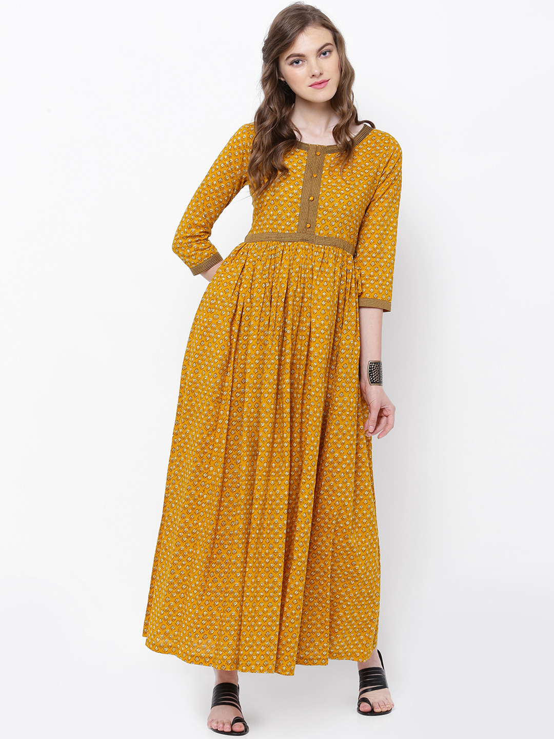 Vishudh Women Mustard Yellow Printed Anarkali Kurta Dress