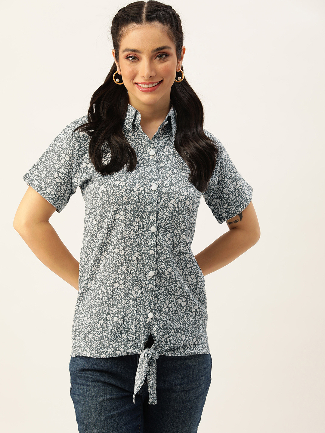 CATCHY Floral Print Shirt Style Top With Tie-Up Detail