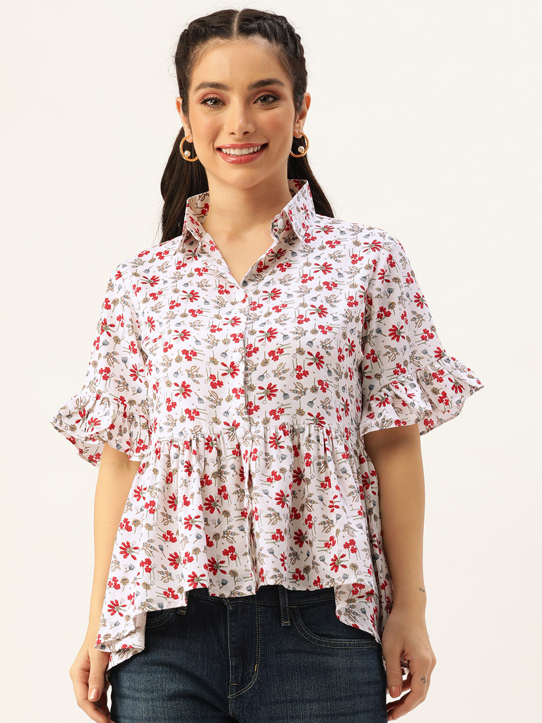 CATCHY Floral Print Shirt Style Top