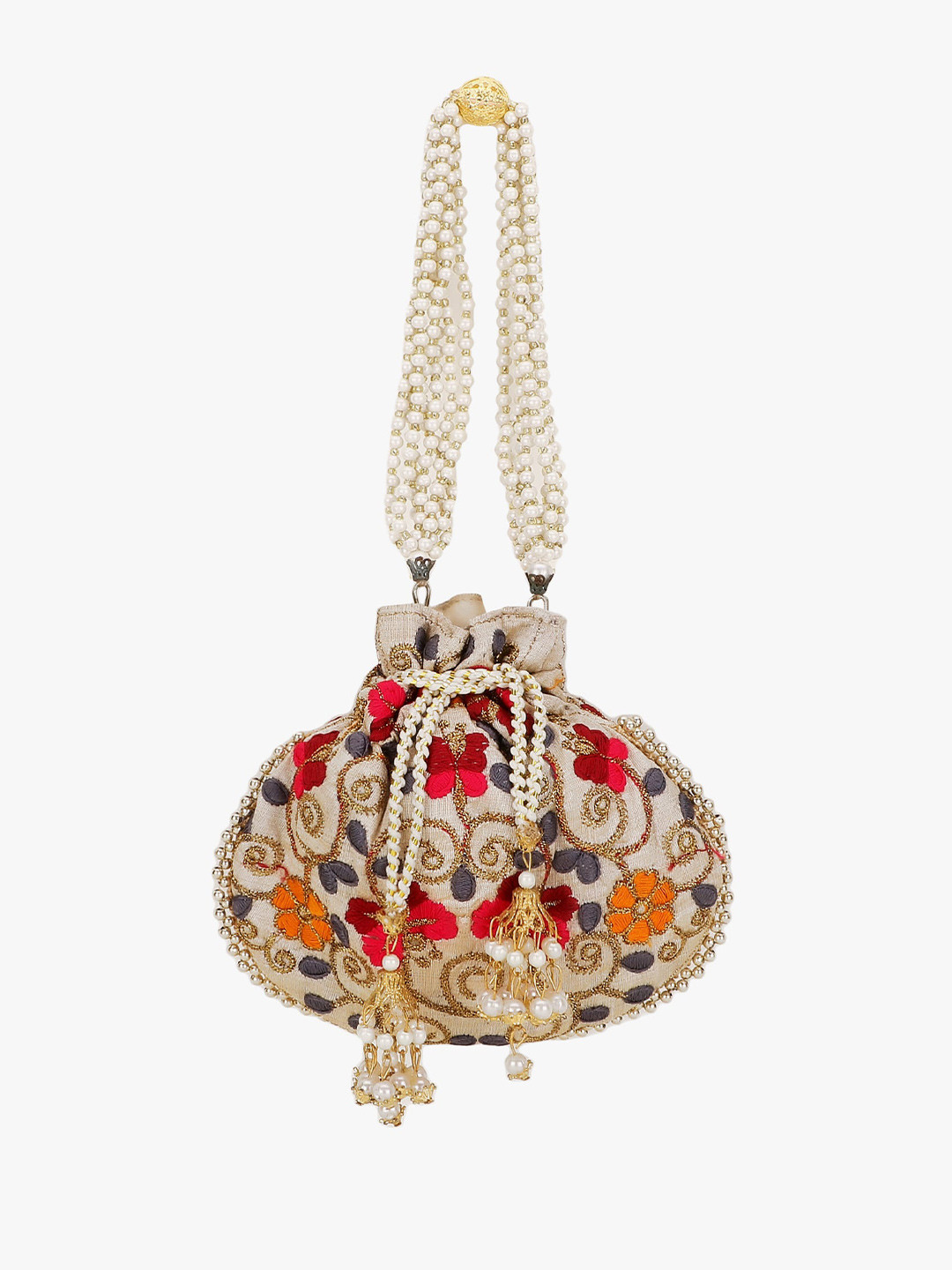 Anekaant Cream-Coloured & Red Embroidered Tasselled Potli Clutch
