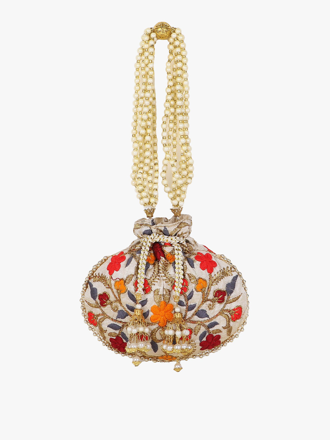 Anekaant Cream-Coloured & Orange Embroidered Potli Clutch
