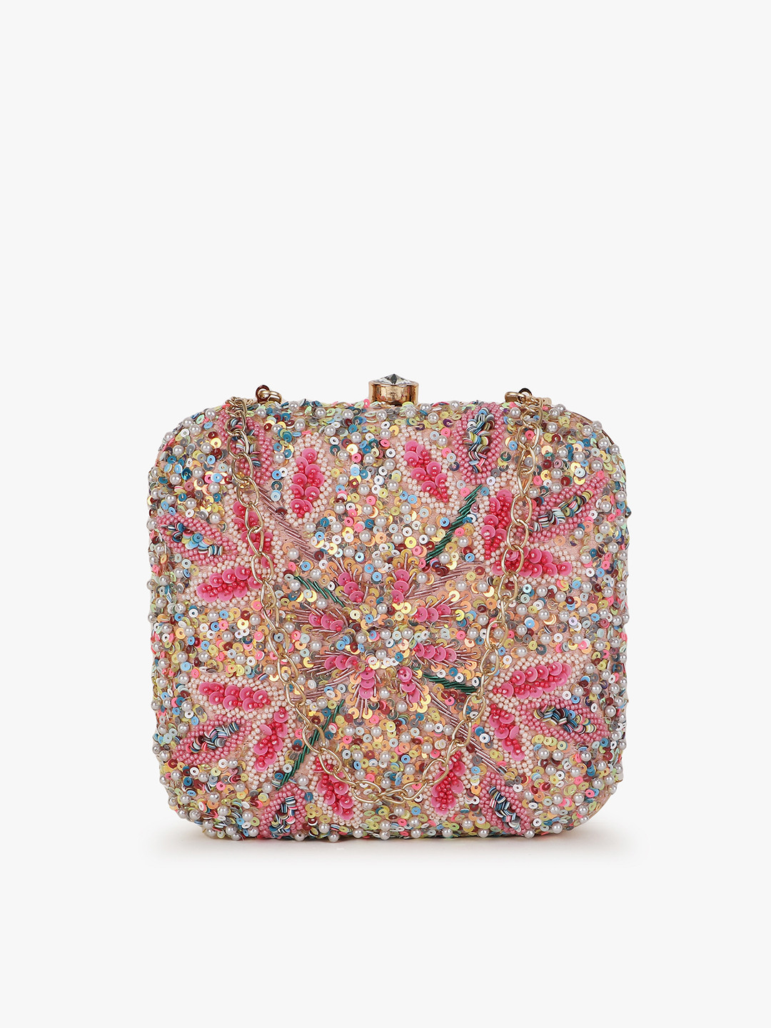Anekaant Women Pink & White Embellished Box Clutch