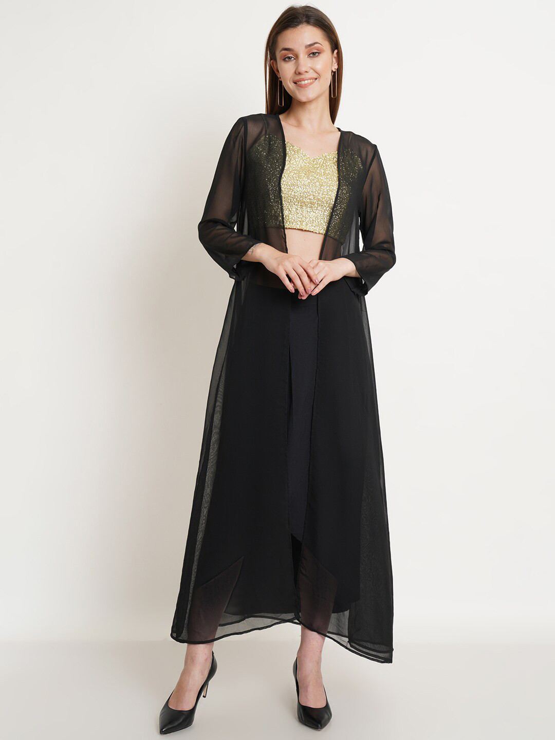 Purple State Women Golden & Black Embellished Co-Ords Set