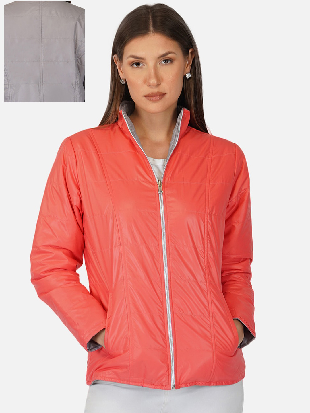 PURYS Women Coral Grey Reversible Bomber Jacket