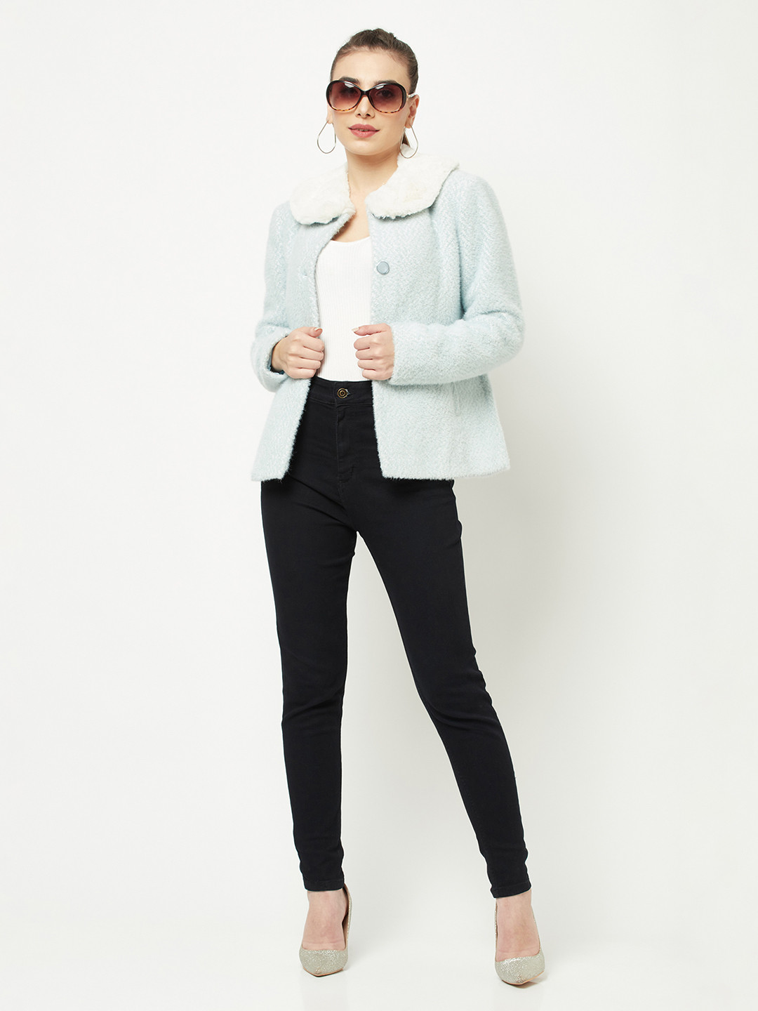 Crimsoune Club Women Blue Self-Designed Peter-Pan Collar Over Coat