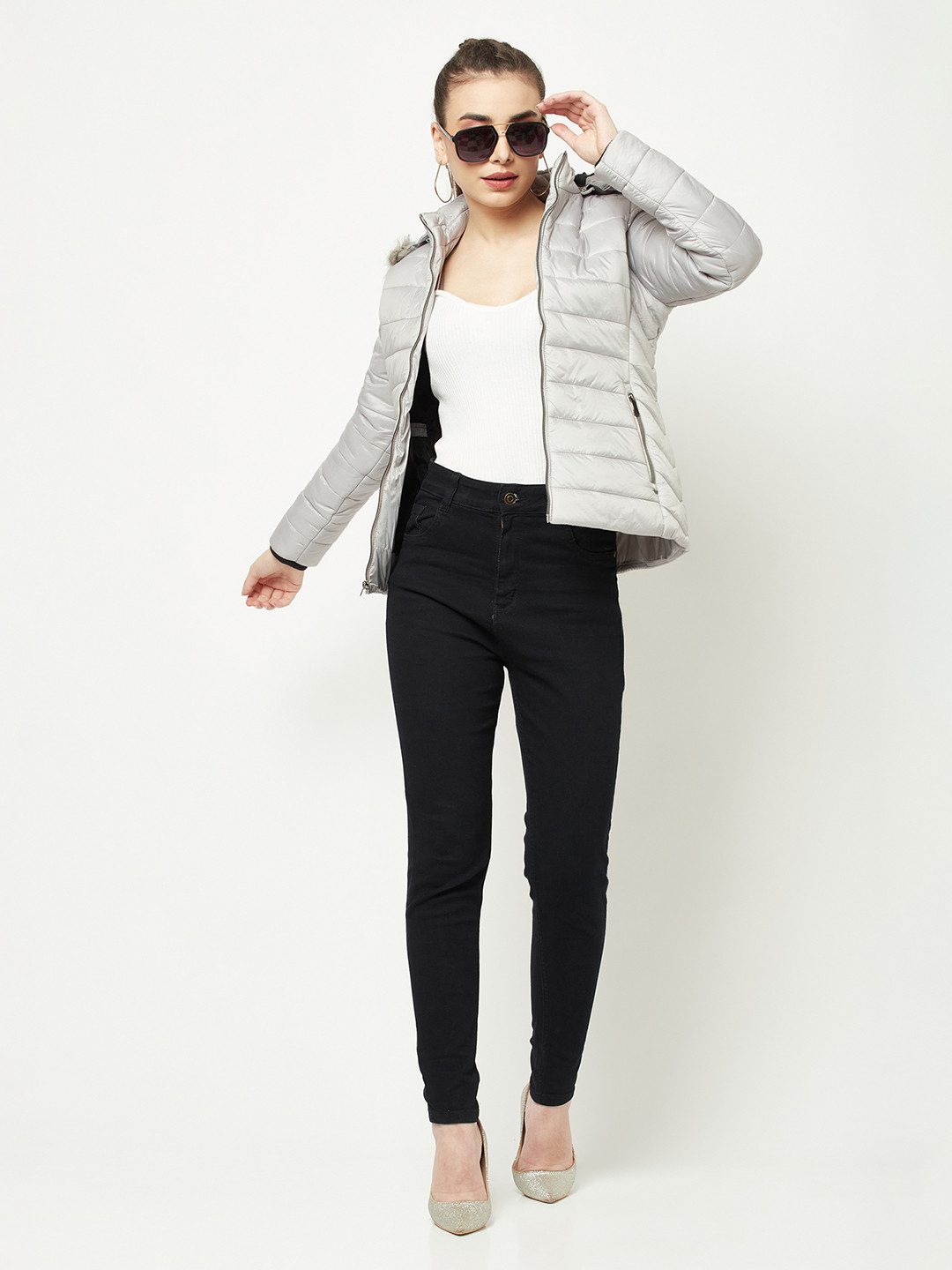 Crimsoune Club Women Silver Solid Nylon Hooded Parka Jacket