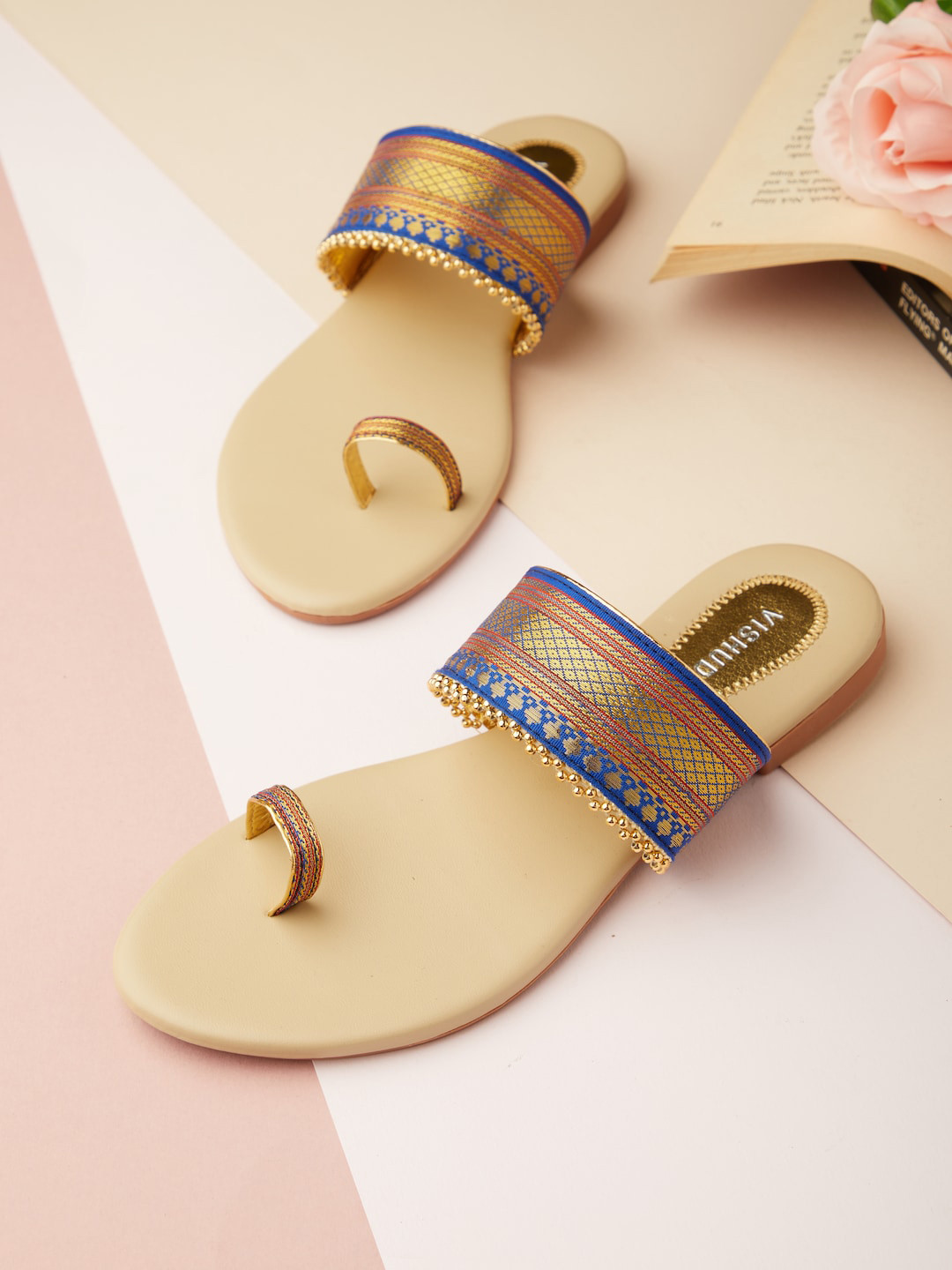 Vishudh Women Blue & Gold-Toned Ethnic One Toe Flats