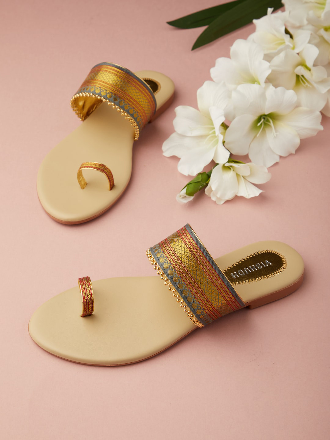 Vishudh Women Grey & Gold-Toned Ethnic One Toe Flats