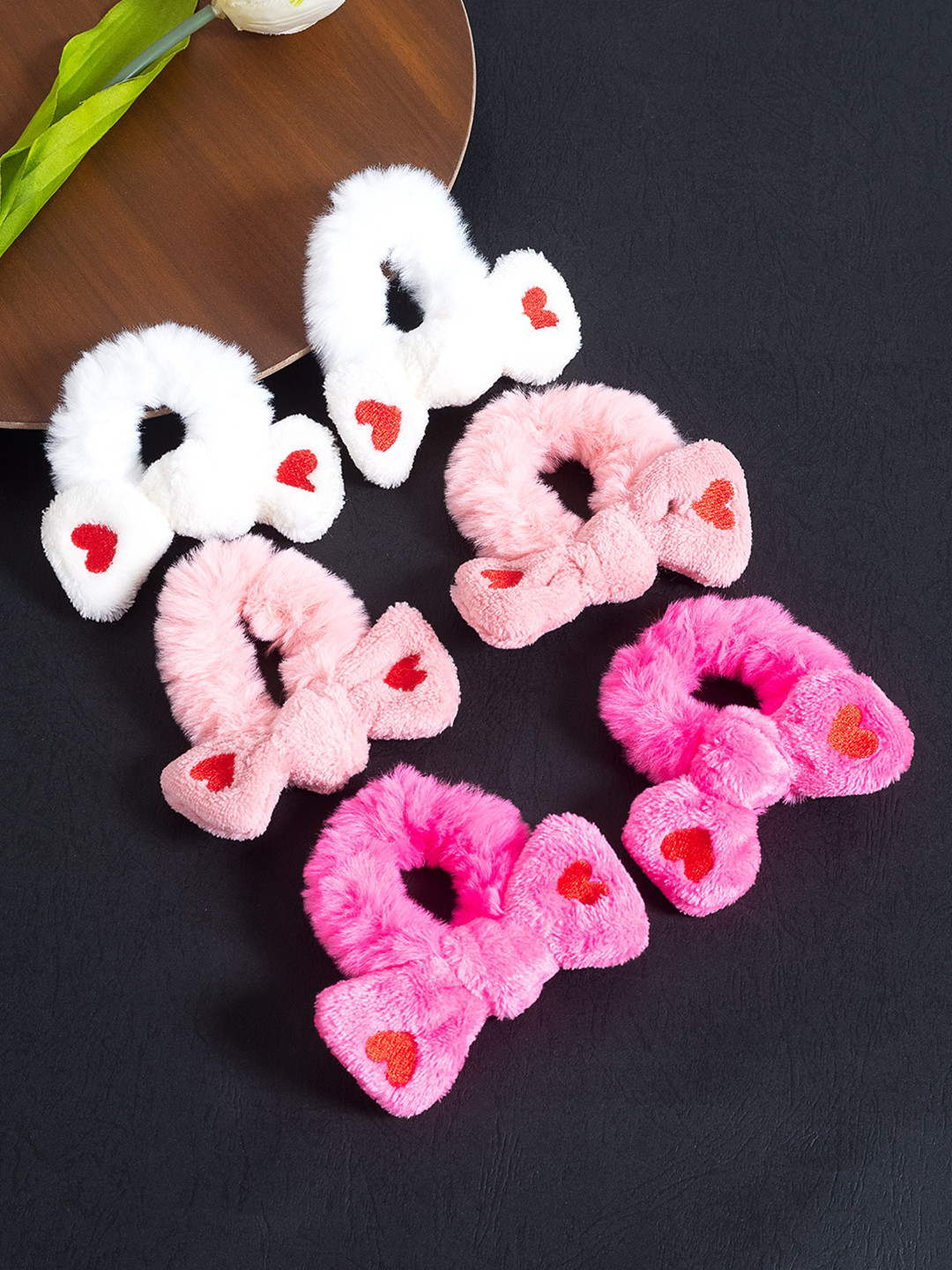 Golden Peacock Girls Set of 6 White & Pink Fur Ponytail Holders