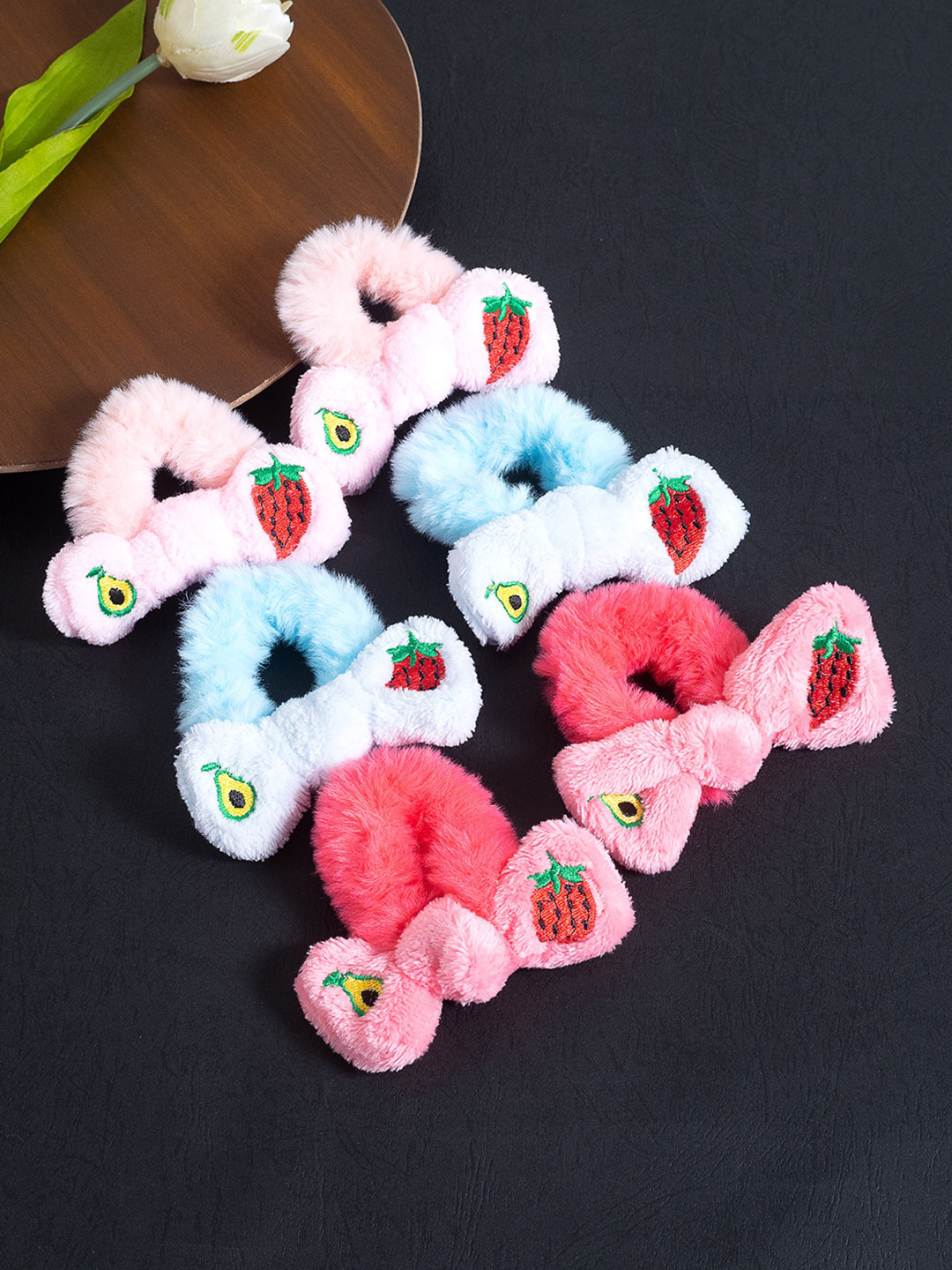 Golden Peacock Girls Set of 6 Pink & Blue Fur Ponytail Holders