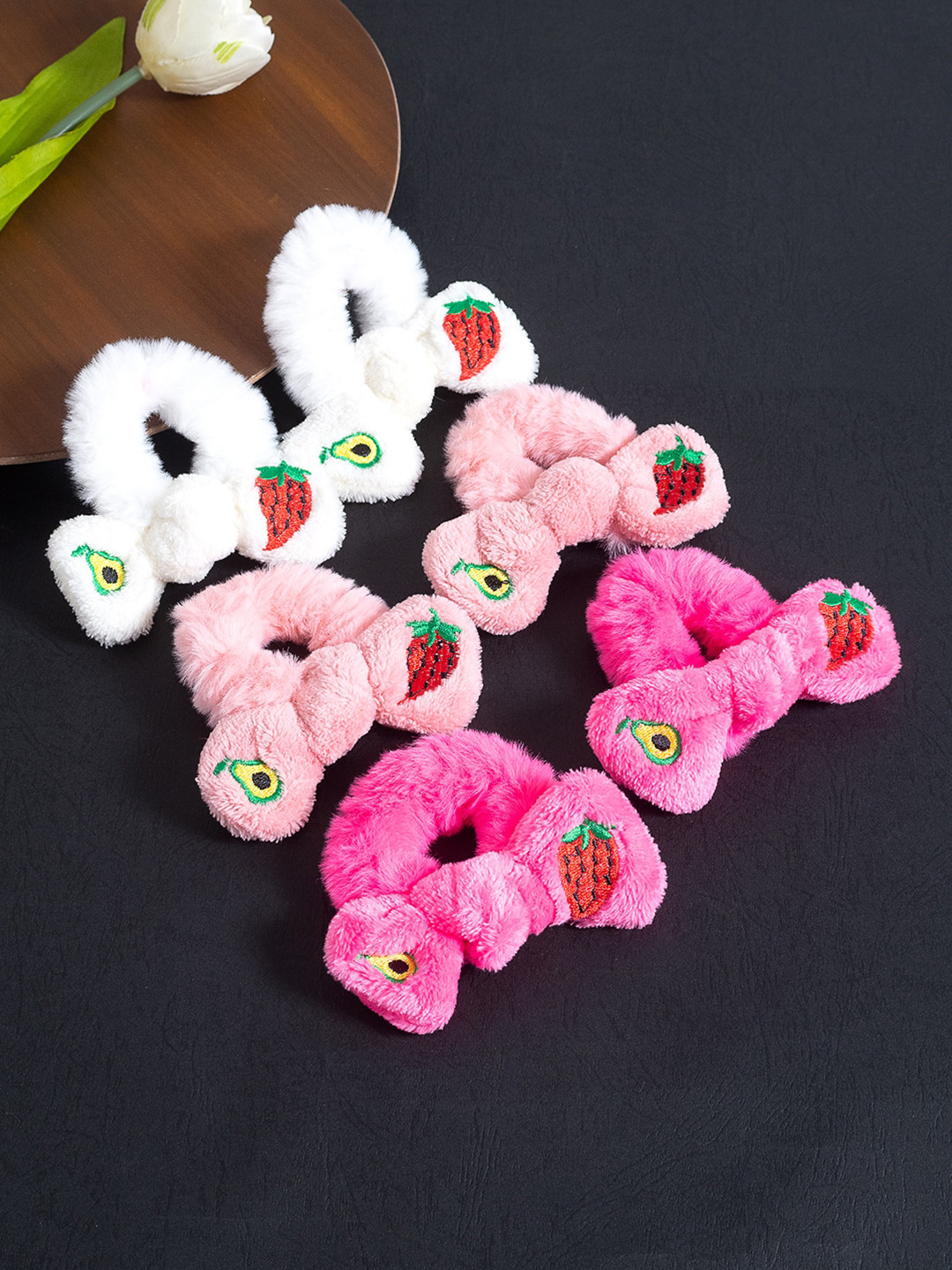 Golden Peacock Girls Set of 6 White & Pink Fur Ponytail Holders
