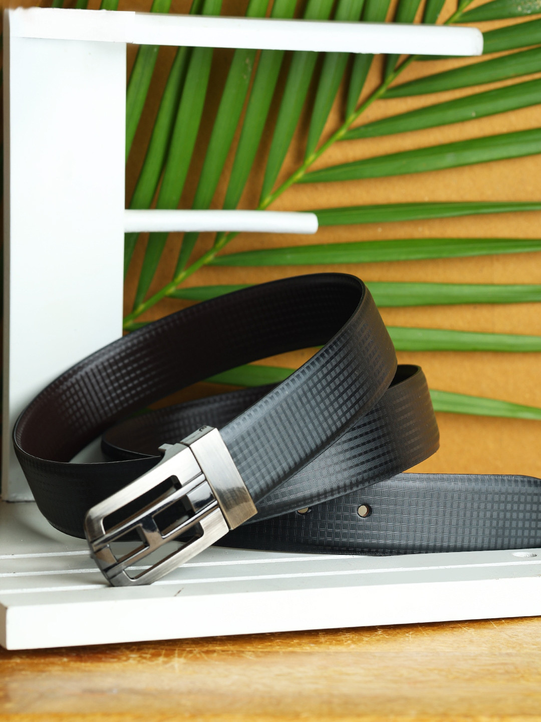 ZEVORA Men Black Checked Reversible Belt