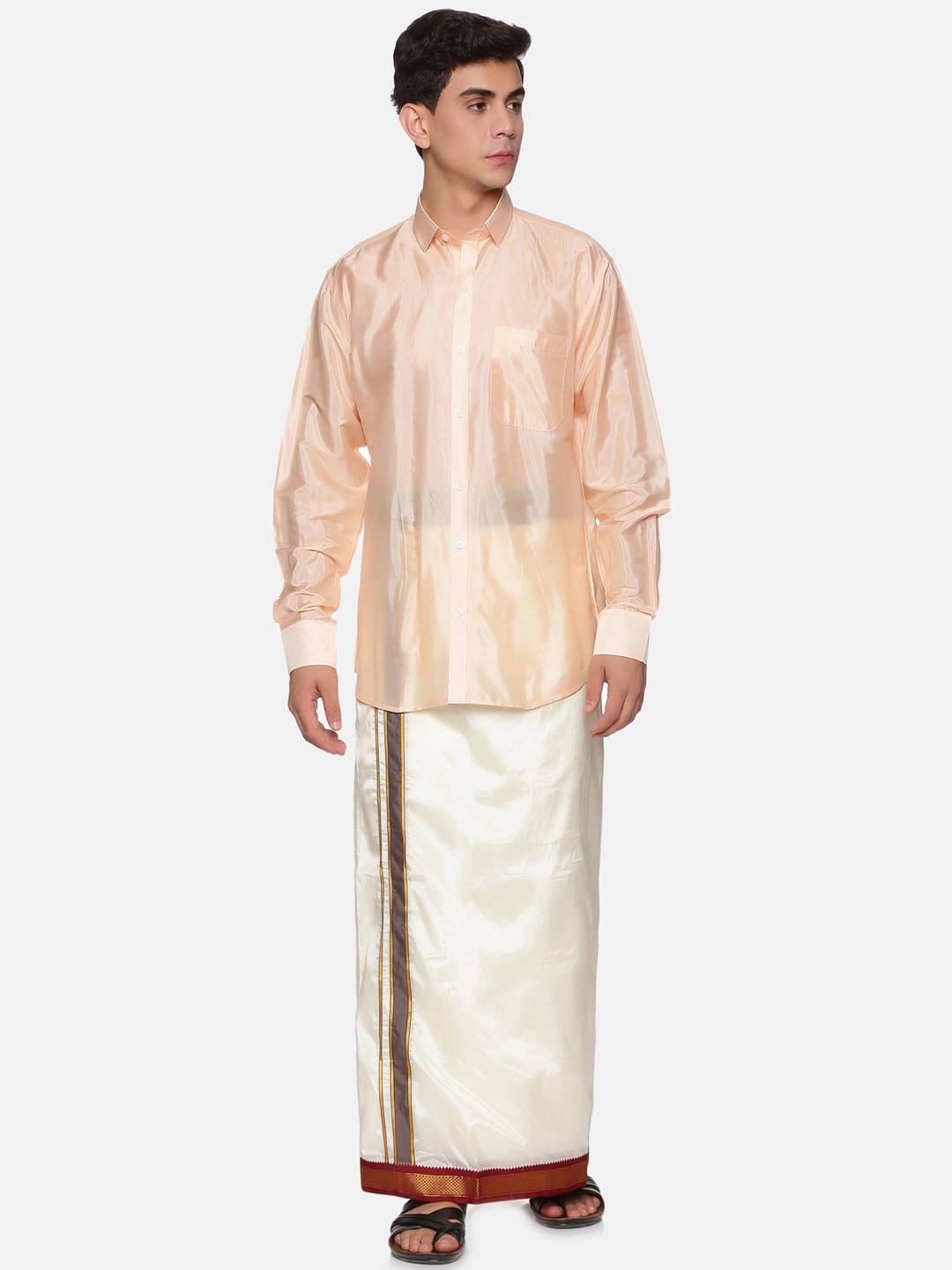 Sethukrishna Men Peach & White Solid Long Sleeves Shirt with Veshti