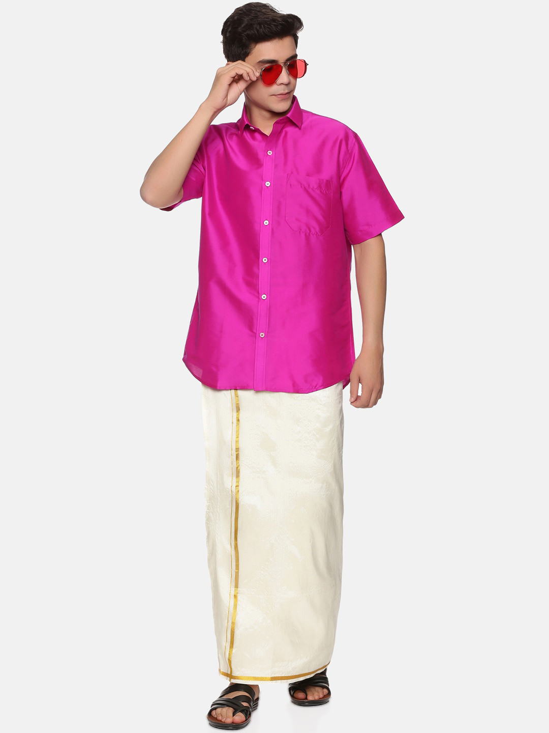 Sethukrishna Men Pink & Off White Clothing Set