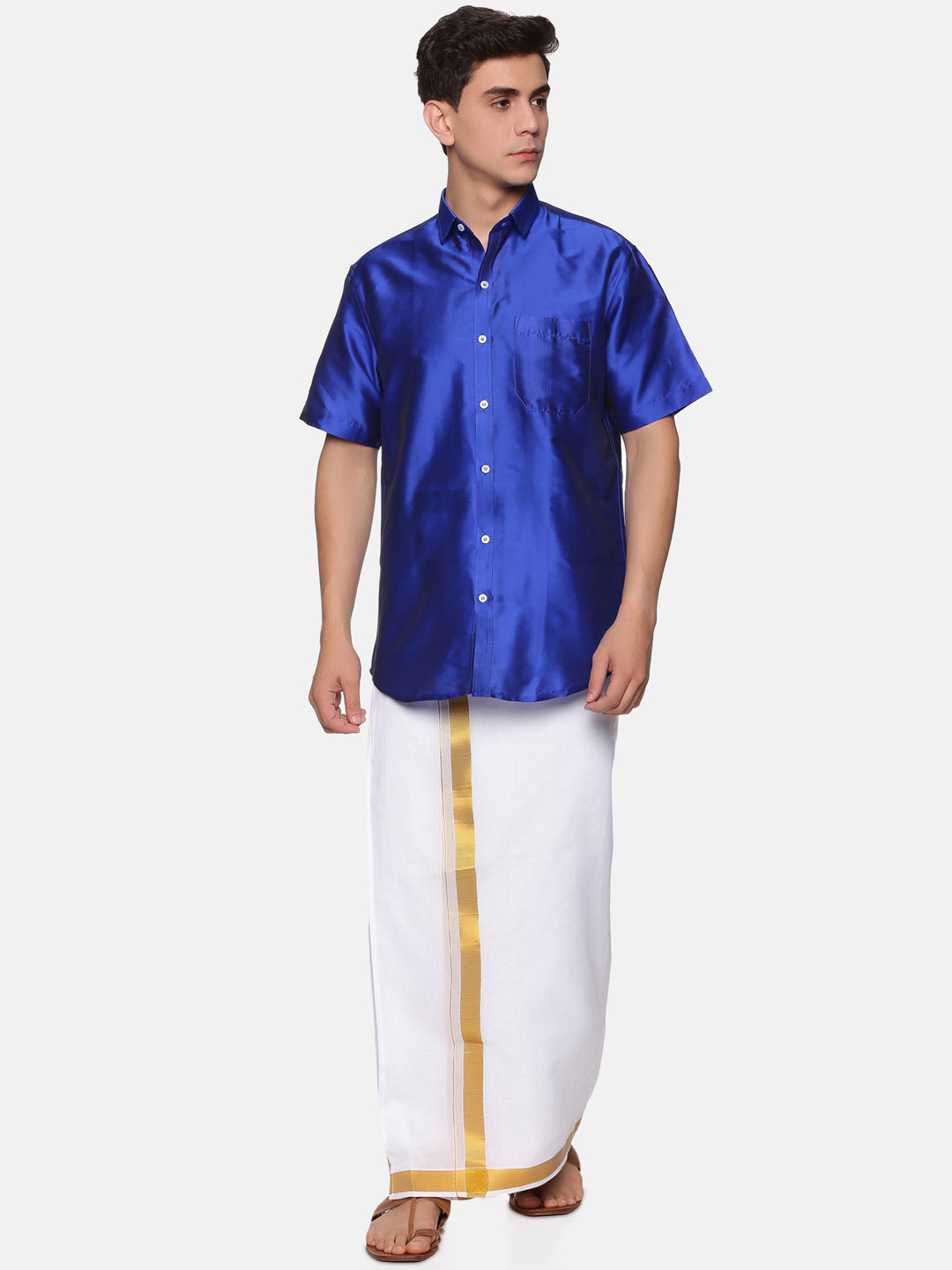 Sethukrishna Men Navy Blue & White Shirt with Dhoti Pants