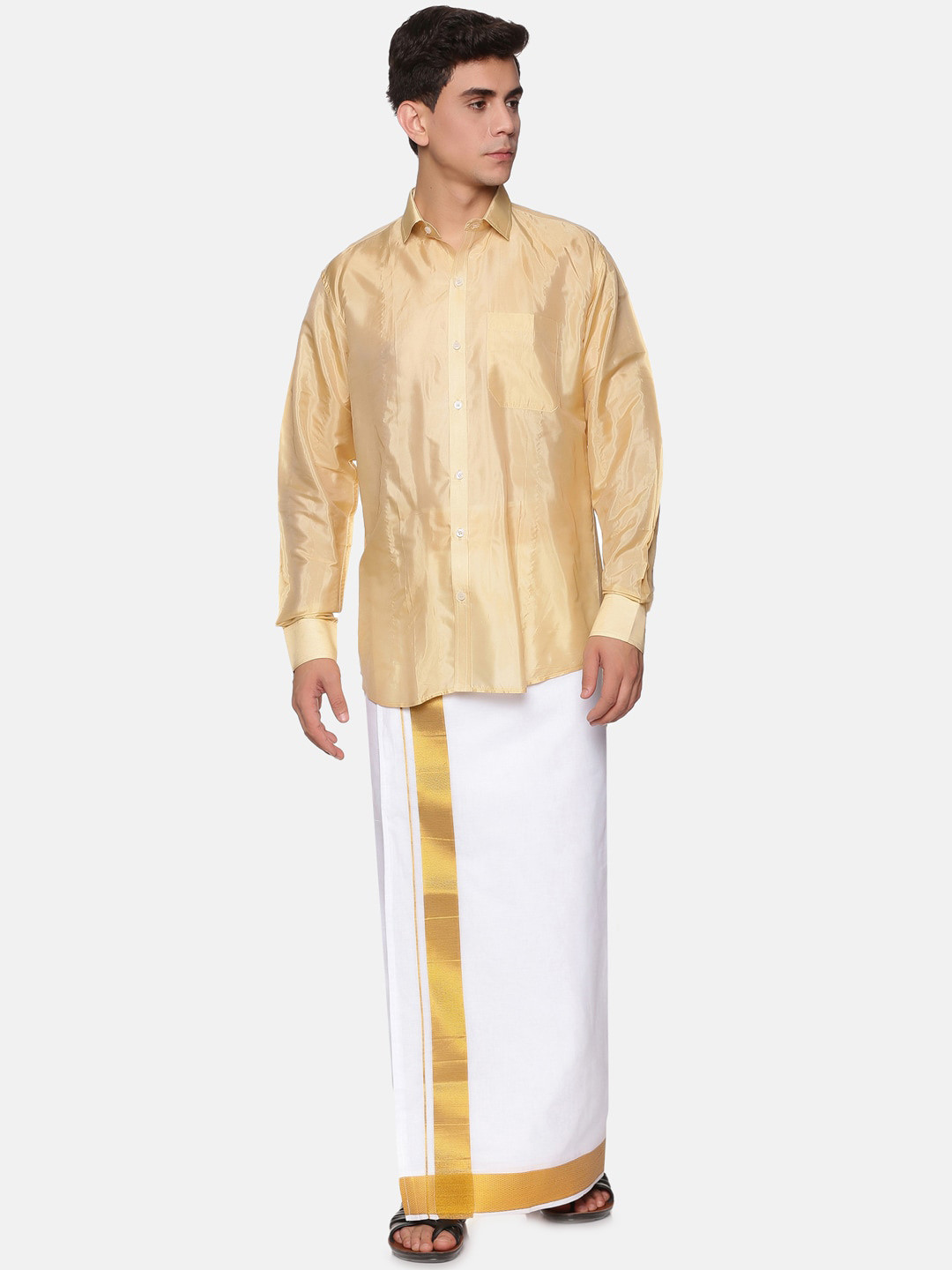 Sethukrishna Men Beige & White Shirt with Dhoti Pants