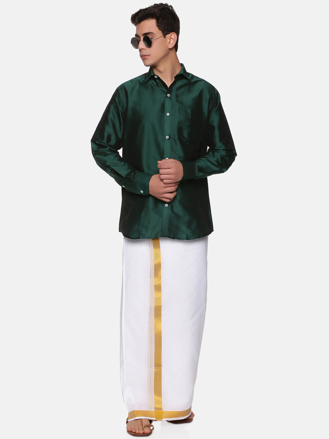 Sethukrishna Men Green & Off White Shirt with Dhoti Pants