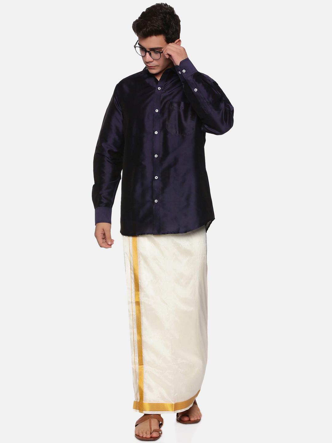 Sethukrishna Men Blue & White Shirt with Dhoti Pants