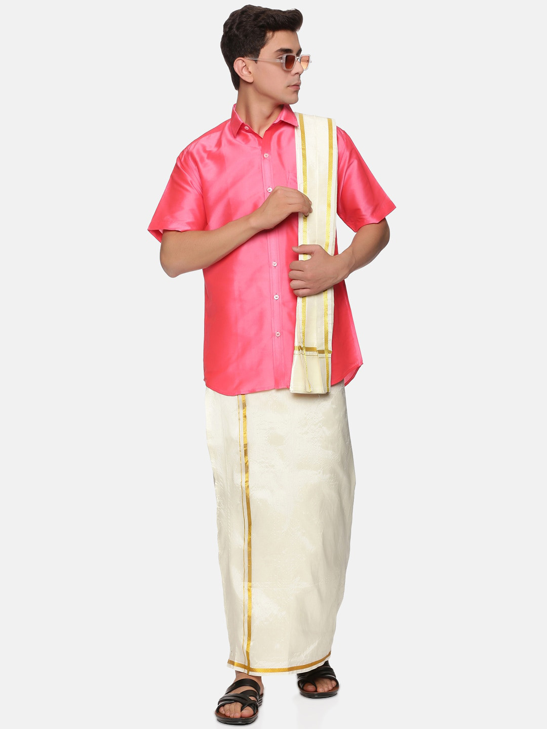 Sethukrishna Men Pink & Off White Shirt with Dhoti & Angavastram Set